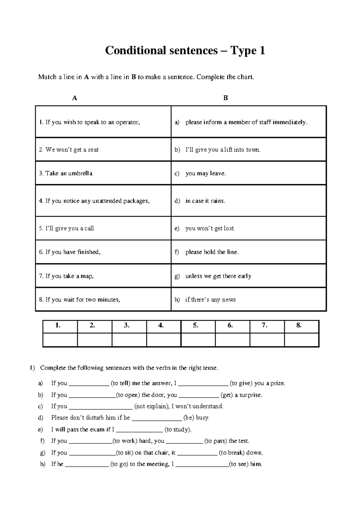 Conditional sentences - Type 1 - Conditional sentences – Type 1 Match a ...