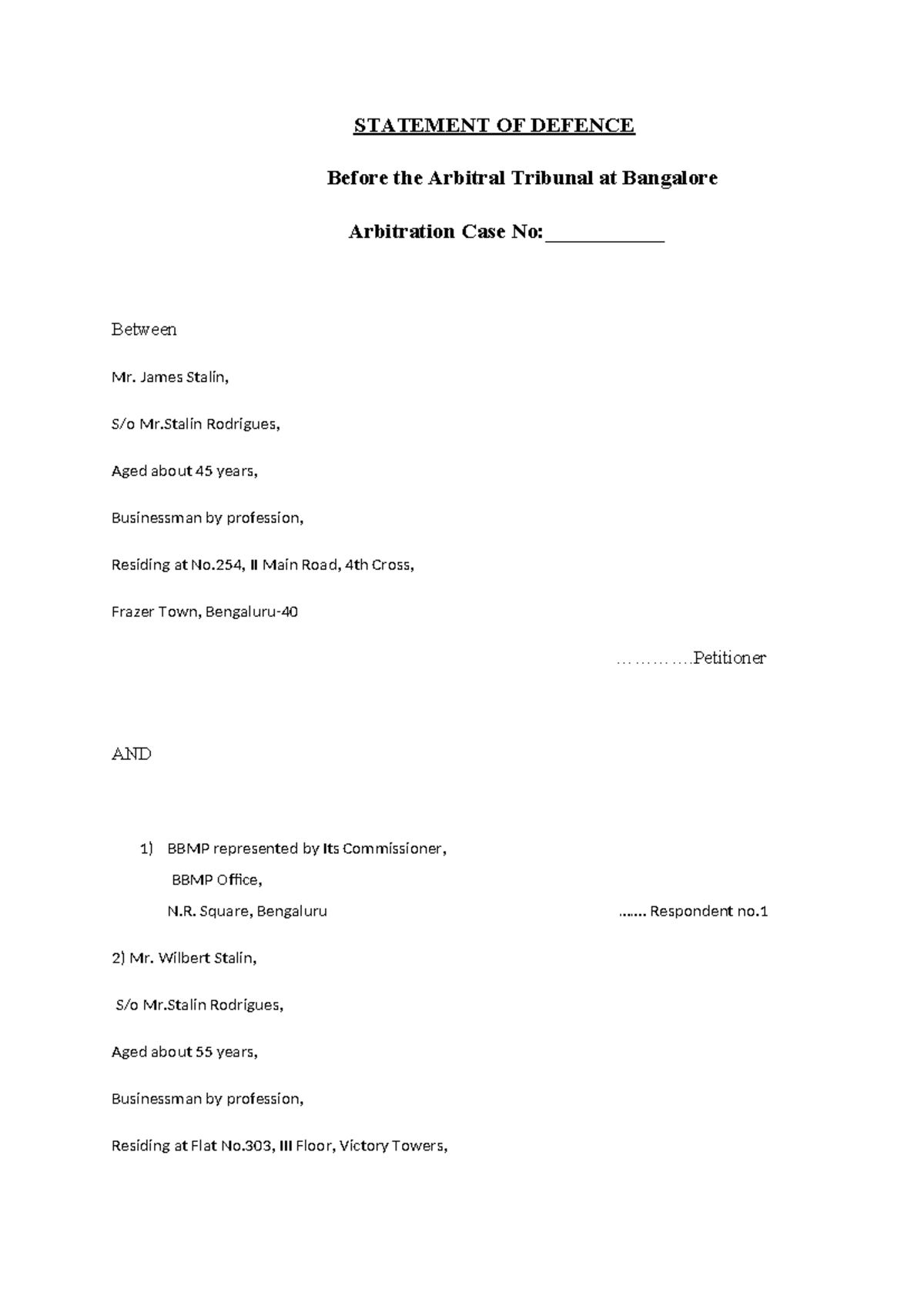 ADRS final - adrs - STATEMENT OF DEFENCE Before the Arbitral Tribunal ...