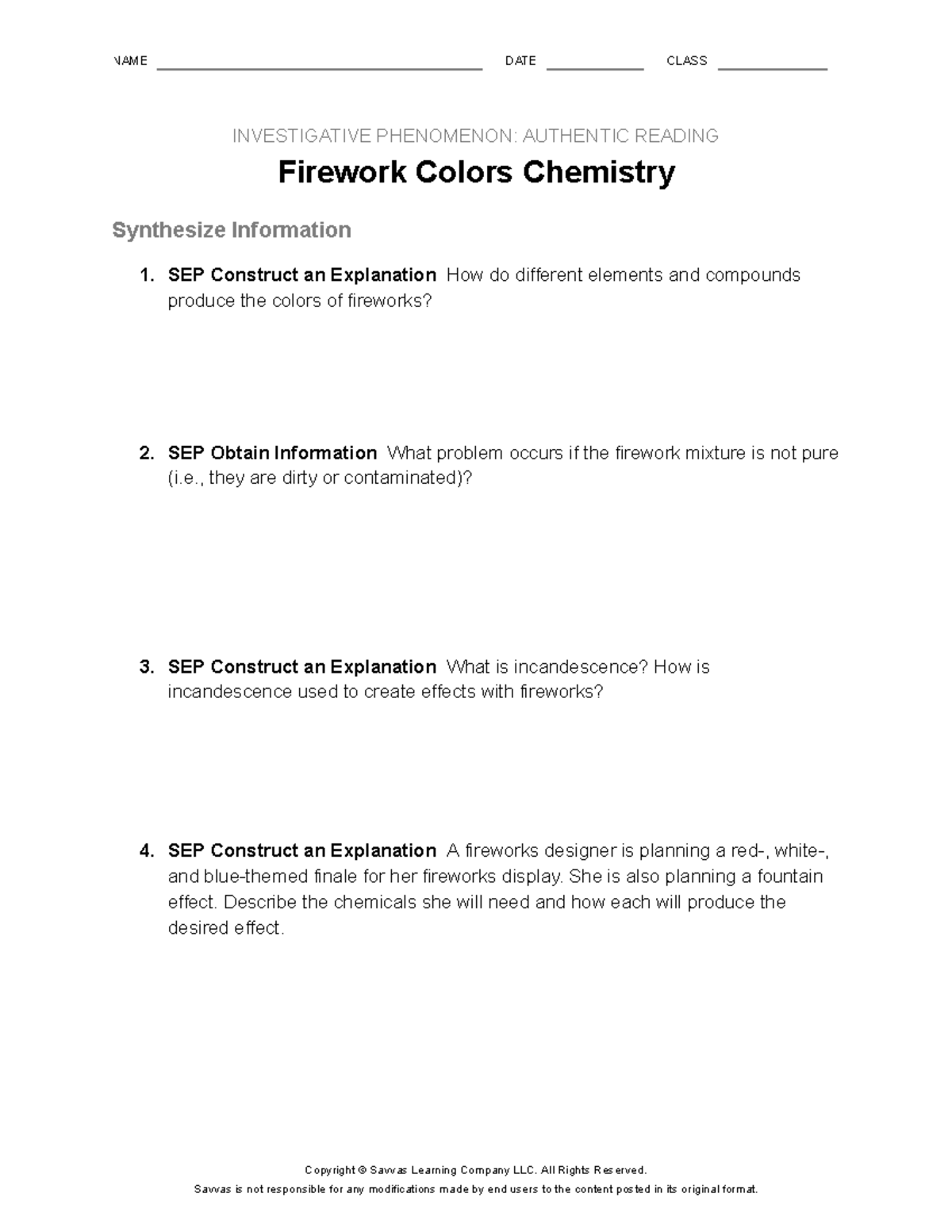 Fireworks colors worksheet NAME DATE CLASS INVESTIGATIVE PHENOMENON