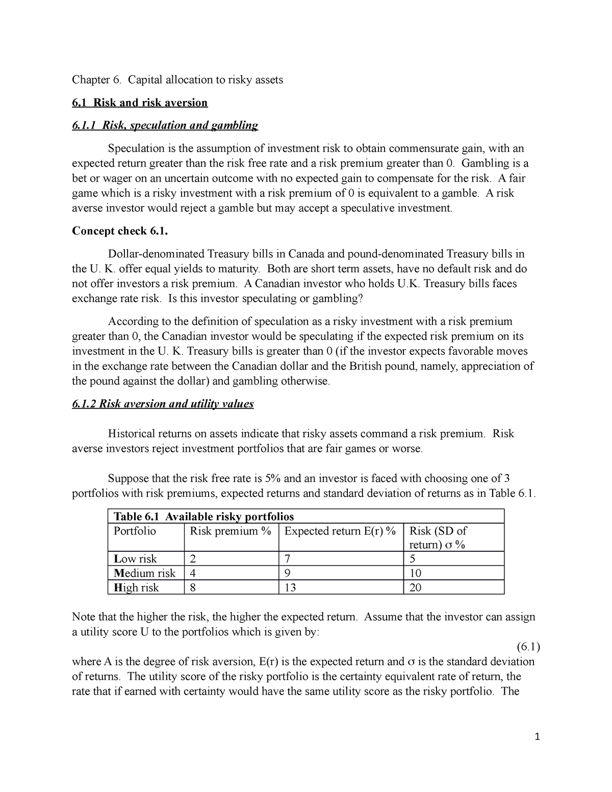 Chapter 6 Notes Slides Week 6 Chapter 6 Capital Allocation To Risky Assets 6 Risk And Risk 