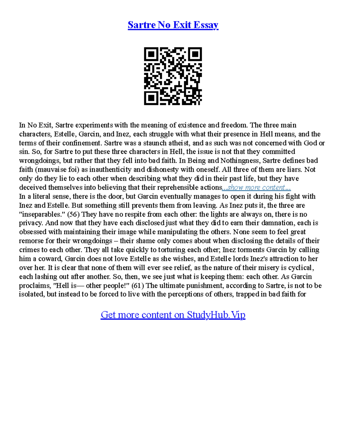 No Exit Essay No Exit Essay - Sartre No Exit Essay In No Exit, Sartre ...