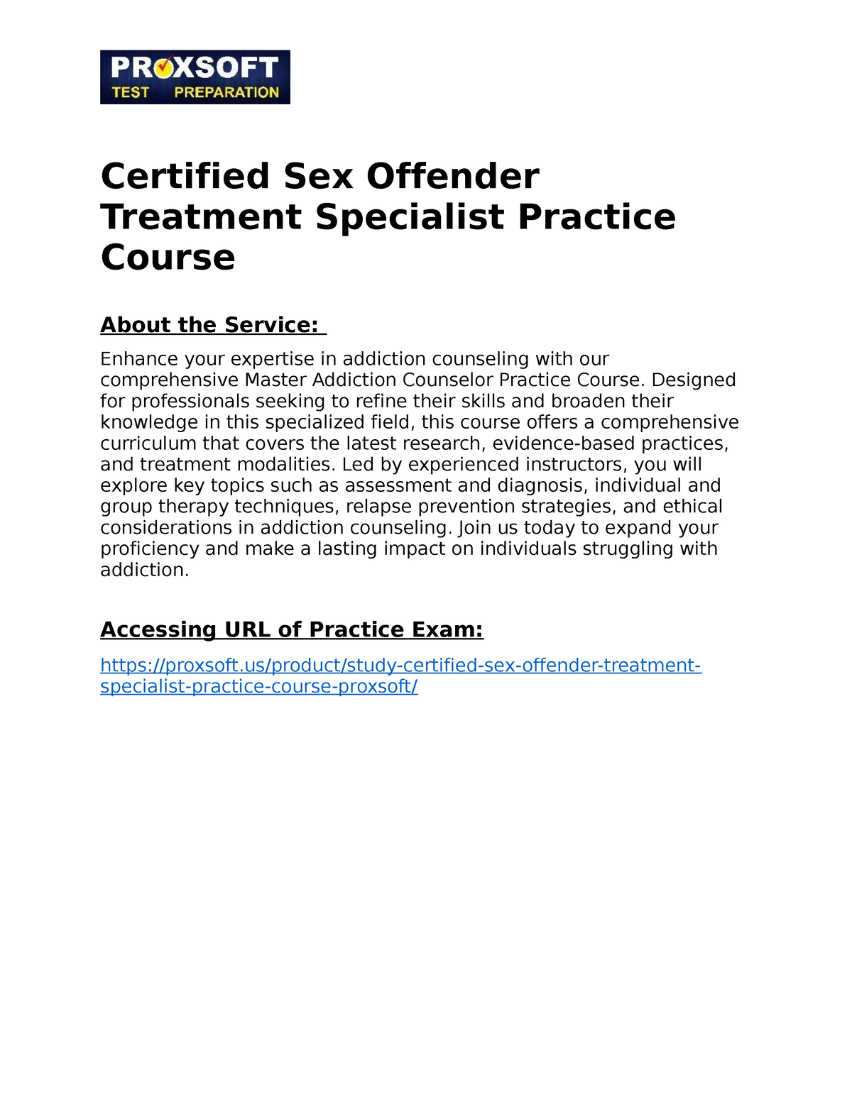 Certified Sex Offender Treatment Specialist Practice Course Certified