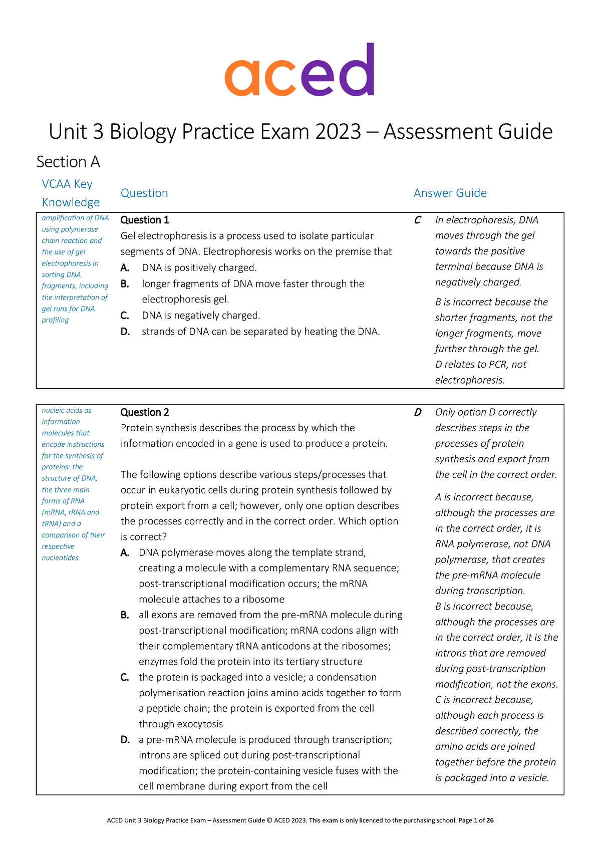 2023 aced unit 3 solutions Unit 3 Biology Practice Exam 2023