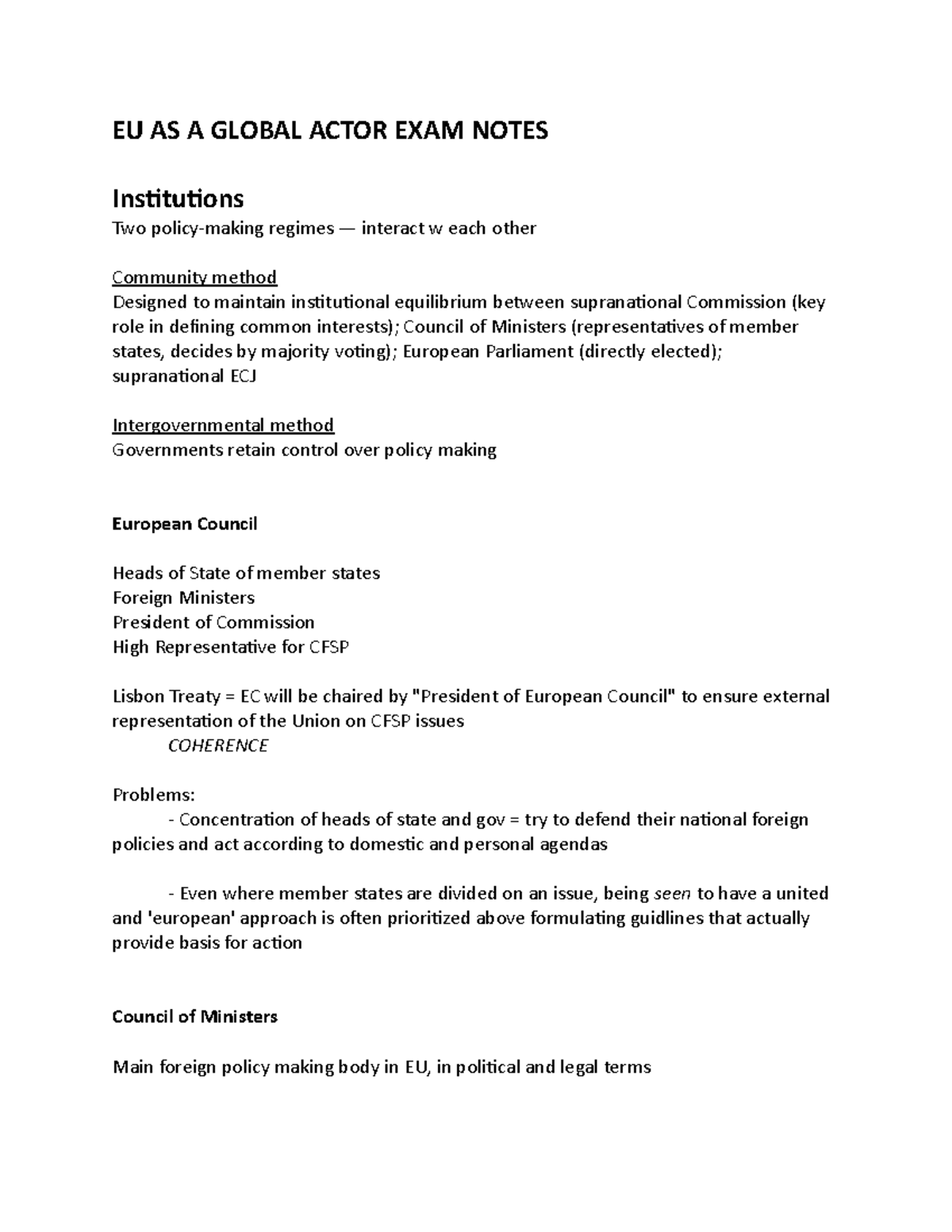 EU EXAM Notes - EU AS A GLOBAL ACTOR EXAM NOTES Institutions Two ...