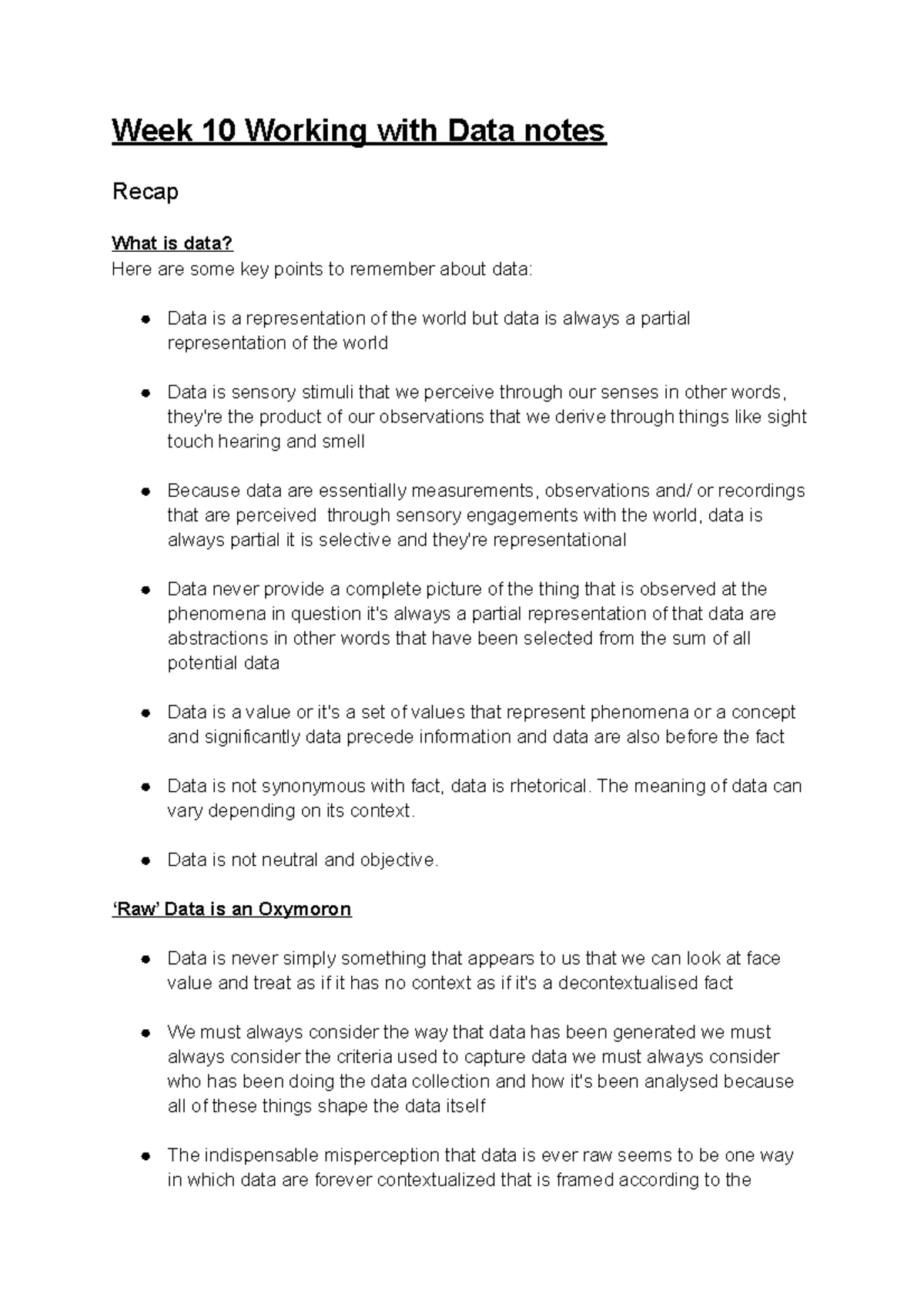 ARTS1092 W10 L1 - Week 10 Working with Data notes Recap What is data ...