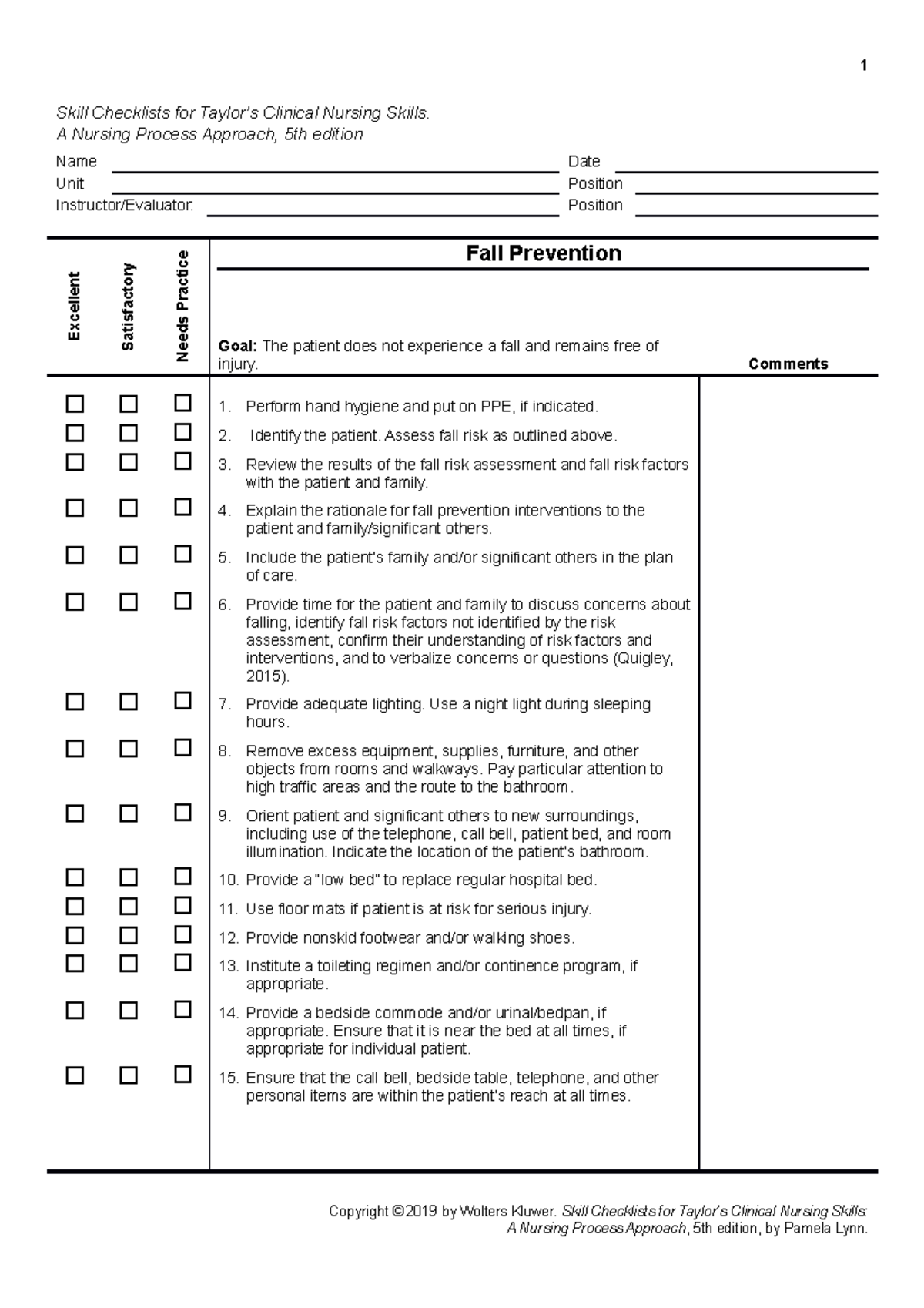 Fall Prevention - How to perform task - 1 Skill Checklists for Taylor’s ...