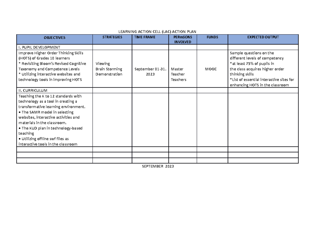 Learning Action Cell Action Plan Sample - Learning Action Cell (lac 