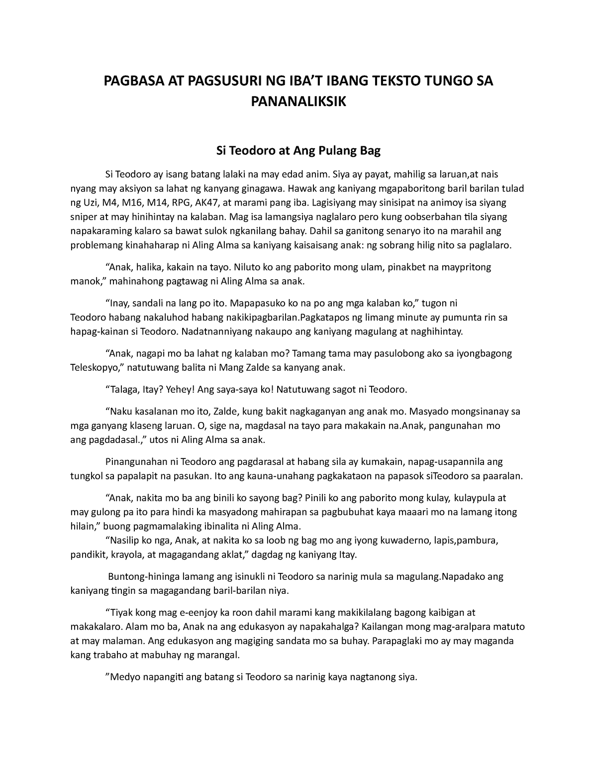 Pagsusuri Sa Kuwentong Si Teodoro At Ang Pulang Bag Pagbasa At Pagsusuri Ng Ibat Ibang Teksto 2958