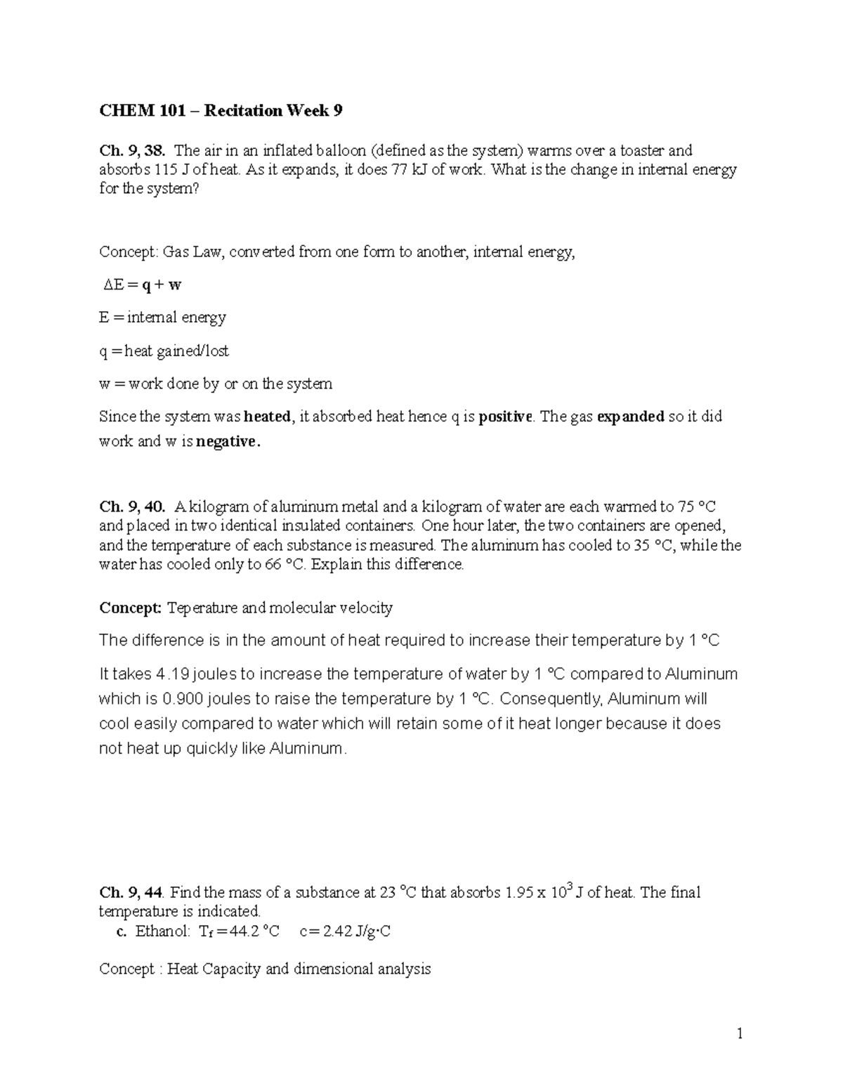 Week 9 Wrksht - kkk - CHEM 101 – Recitation Week 9 Ch. 9, 38. The air ...