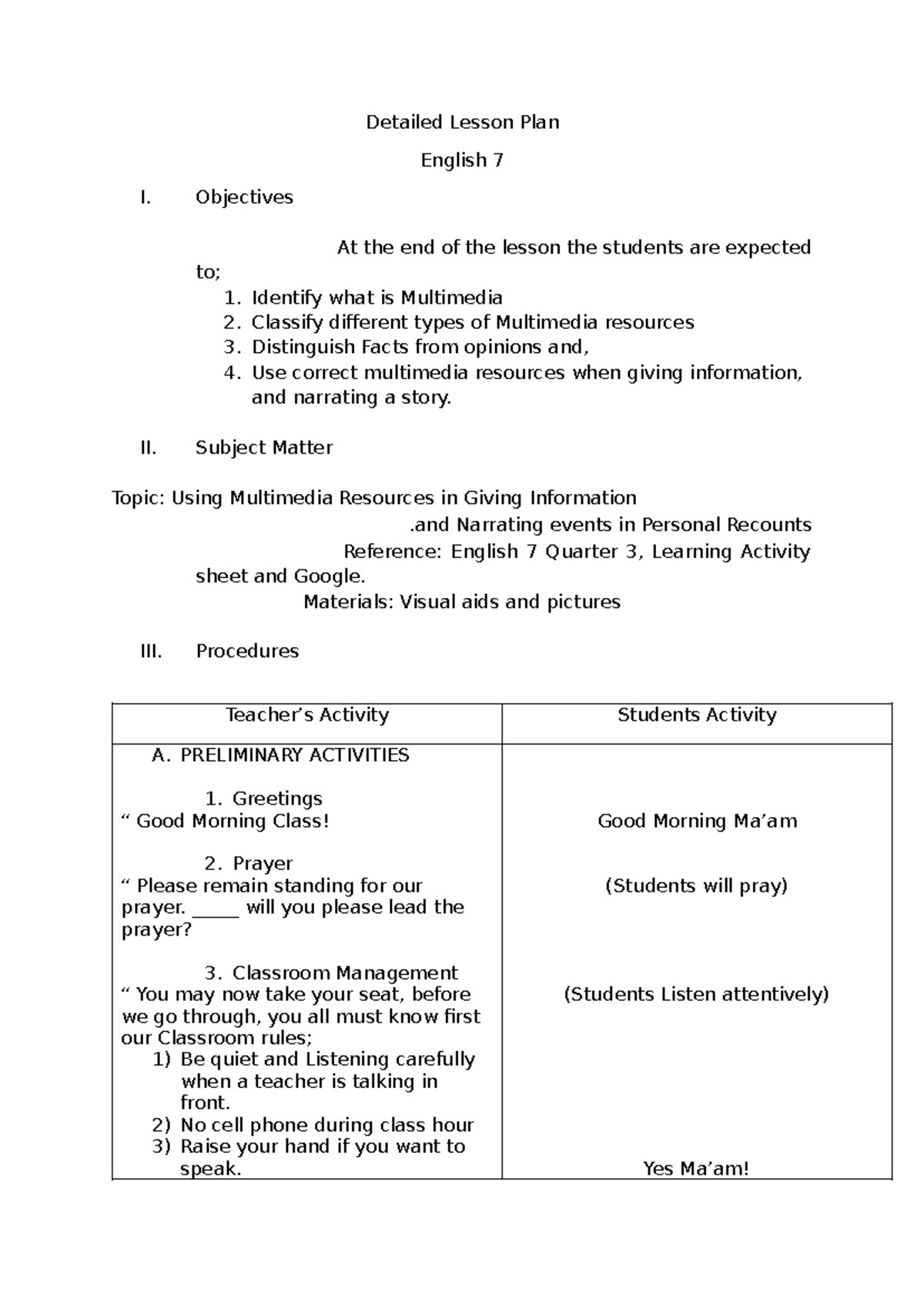 LP English 7 Q3 W1 - Hhhhhhhhhhhhhhh - Detailed Lesson Plan English 7 I ...