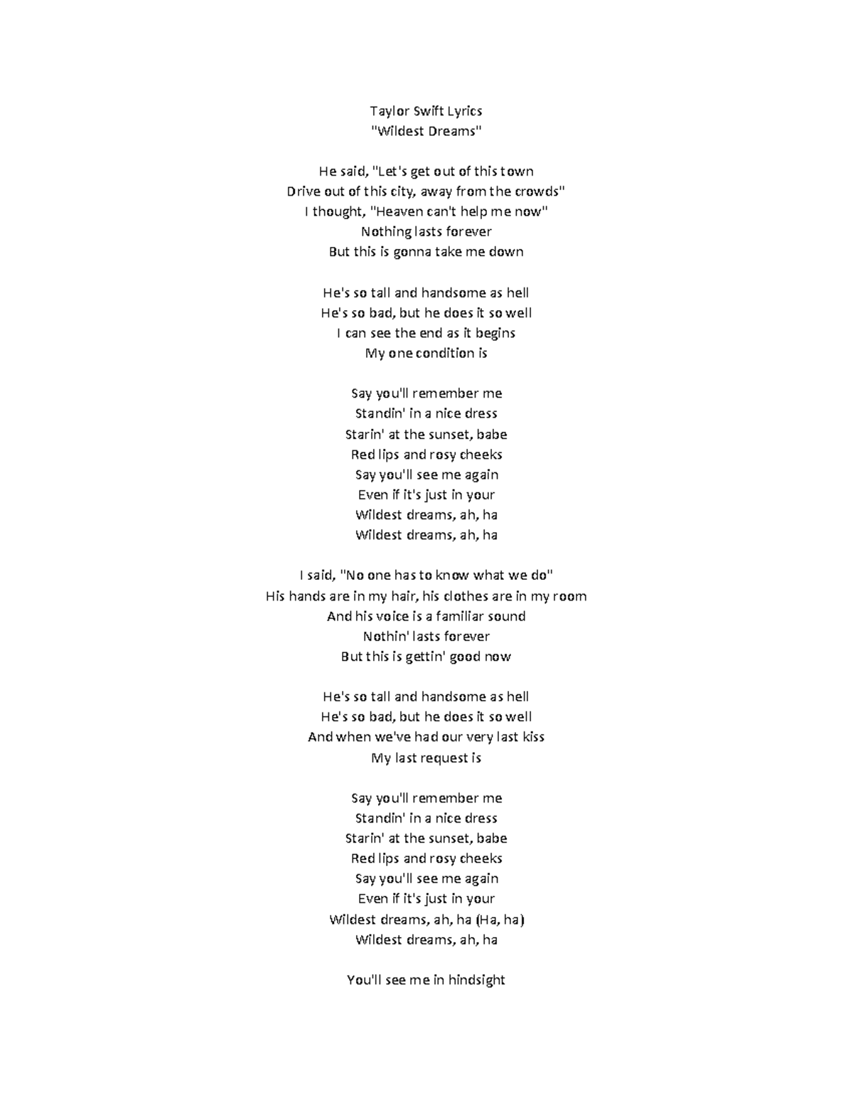 Taylor Swift Lyrics - Wildest Dreams - Taylor Swift Lyrics 