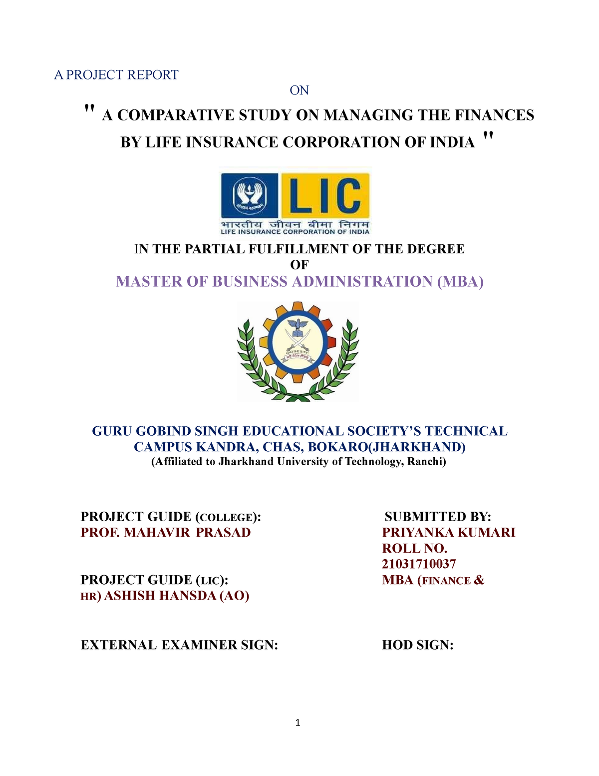 research report on lic