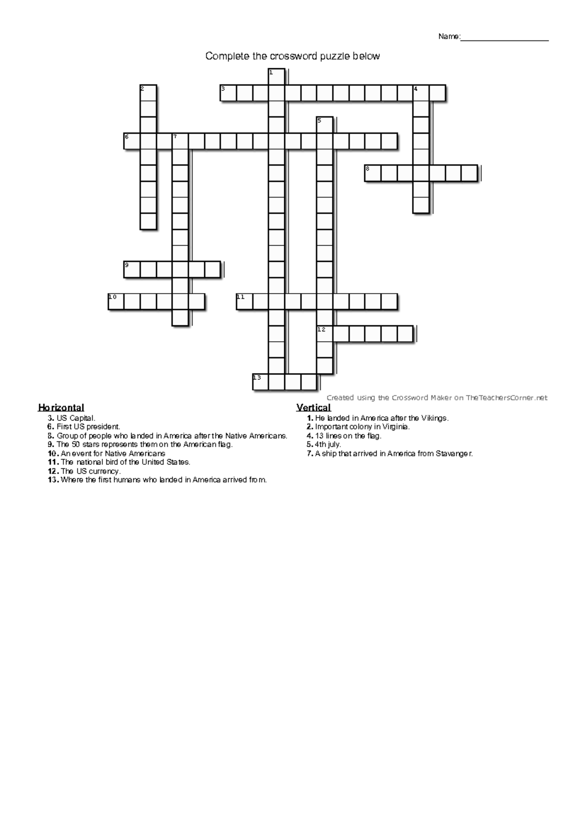 Crossword USA Complete the crossword puzzle below Name 1 2 3 4 5 6