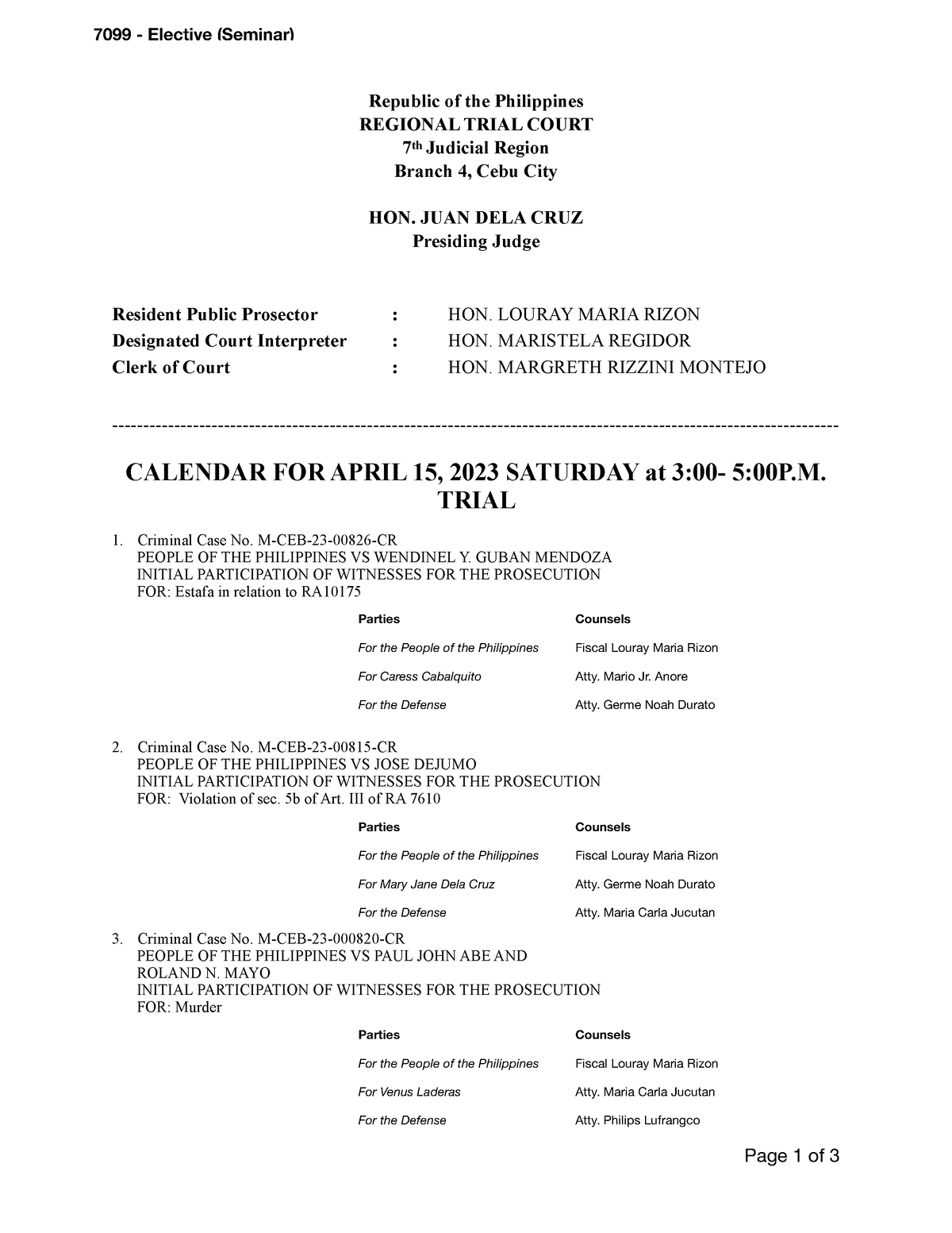 7099 Court Calendar for April 152023 Republic of the Philippines