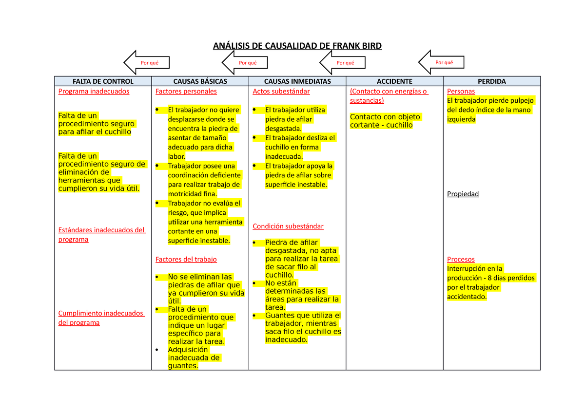 Análisis DE Causalidad DE Frank BIRD - Ejemplo - ANÁLISIS DE CAUSALIDAD DE  FRANK BIRD FALTA DE - Studocu