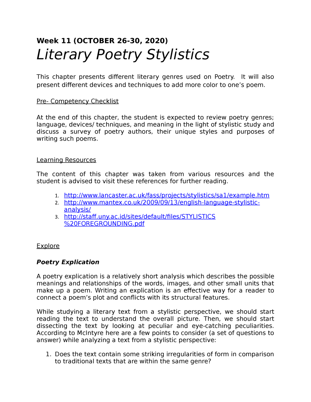 Poetry Explication - This contains the summary for the week 29