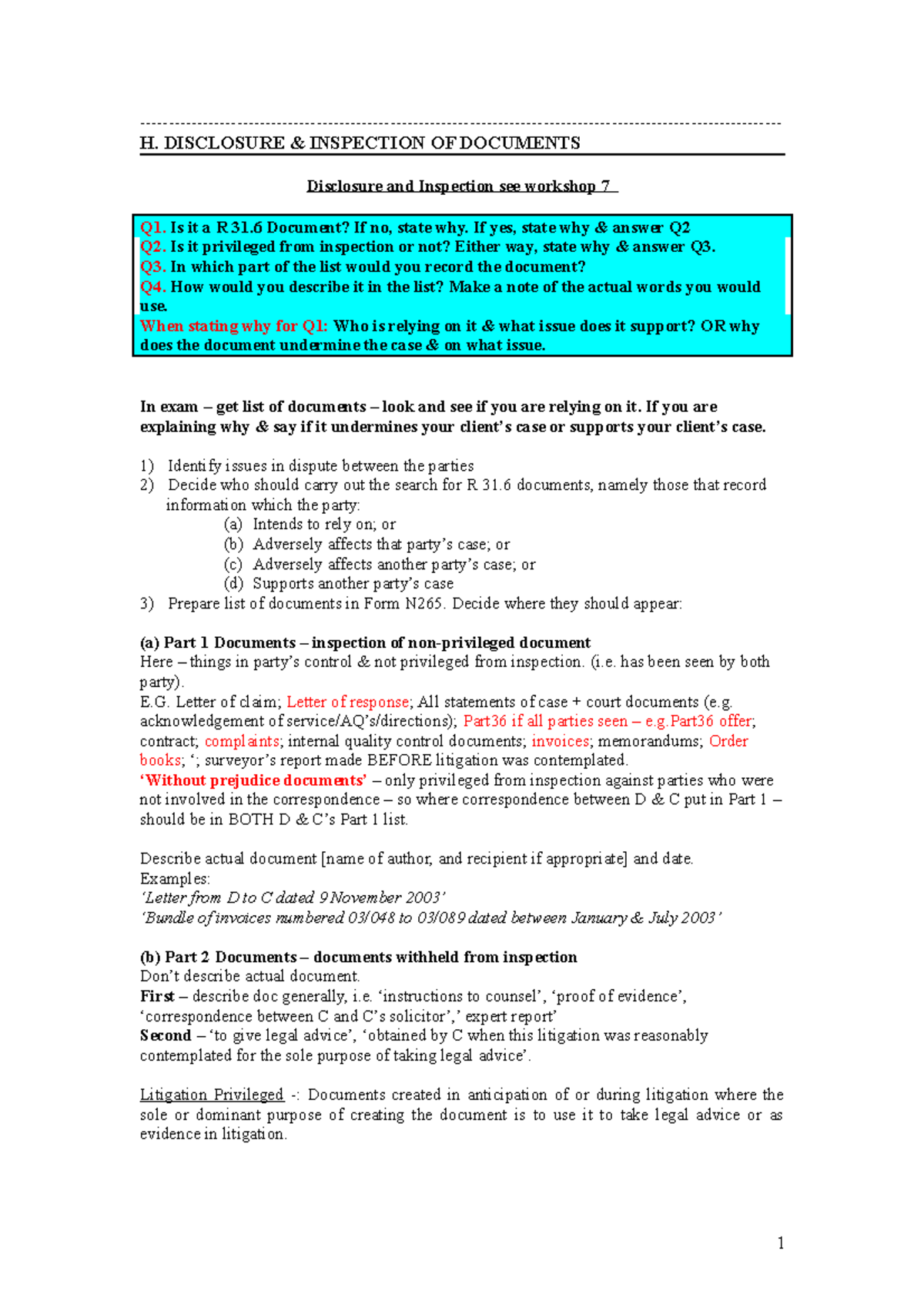 Disclosure & inspection of document H. DISCLOSURE INSPECTION OF