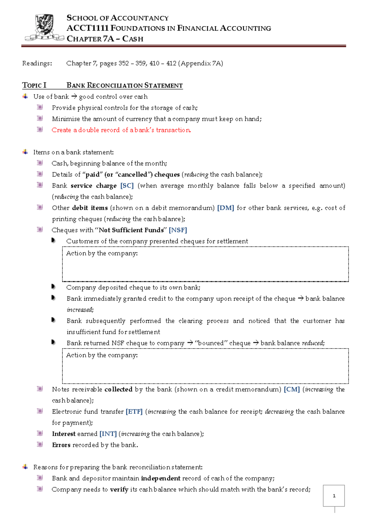 ACCT1111 Chapter 7A Cash Notes SCHOOL OF ACCOUNTANCY ACCT1111