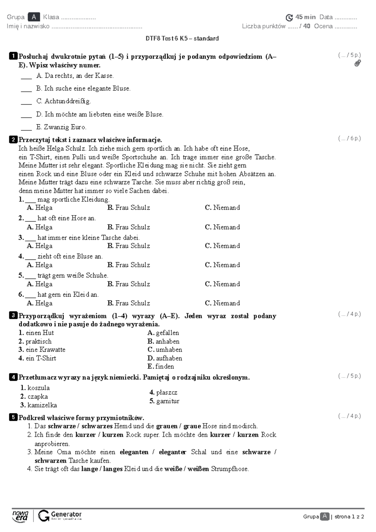 DTF8 Test 6 K5 – standard Test (z widoczna punktacja) - Grupa A ...