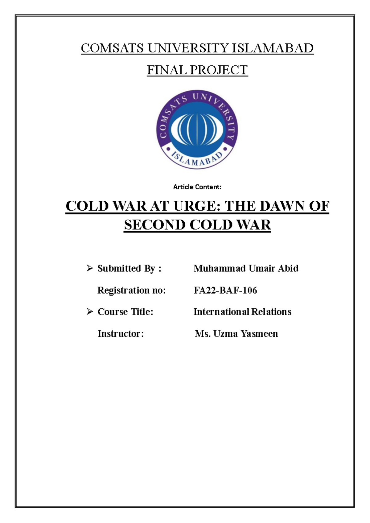 IR Cold War Final Project - COMSATS UNIVERSITY ISLAMABAD FINAL PROJECT ...