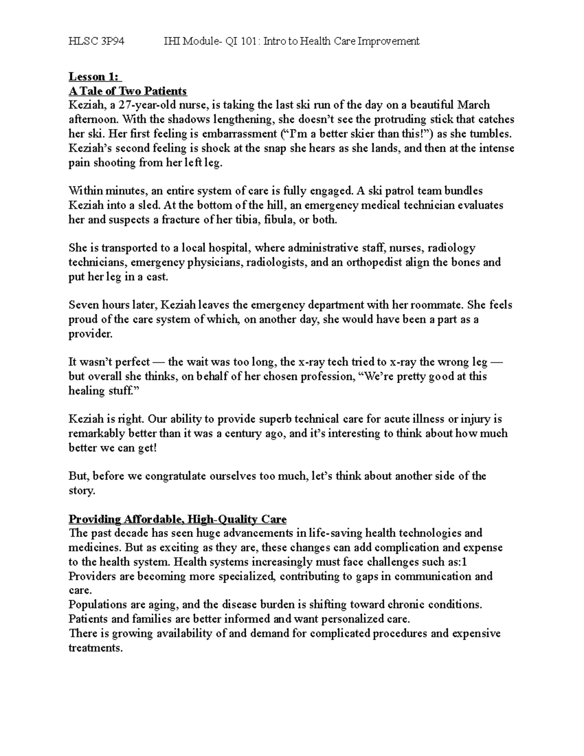 IHI Module- Q1 101 Intro Health Care Improvement - HLSC 3P94 IHI QI 101 ...