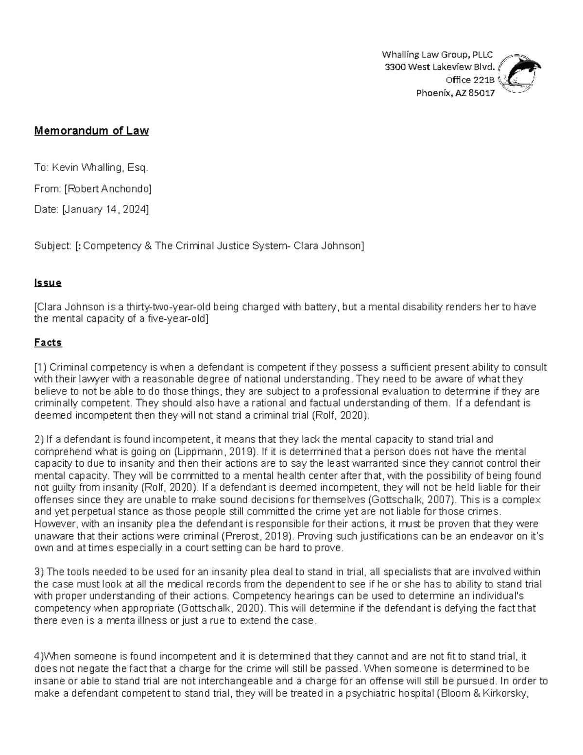JUS430 T2 Memorandum of Law 1 - Whalling Law Group, PLLC 3300 West ...