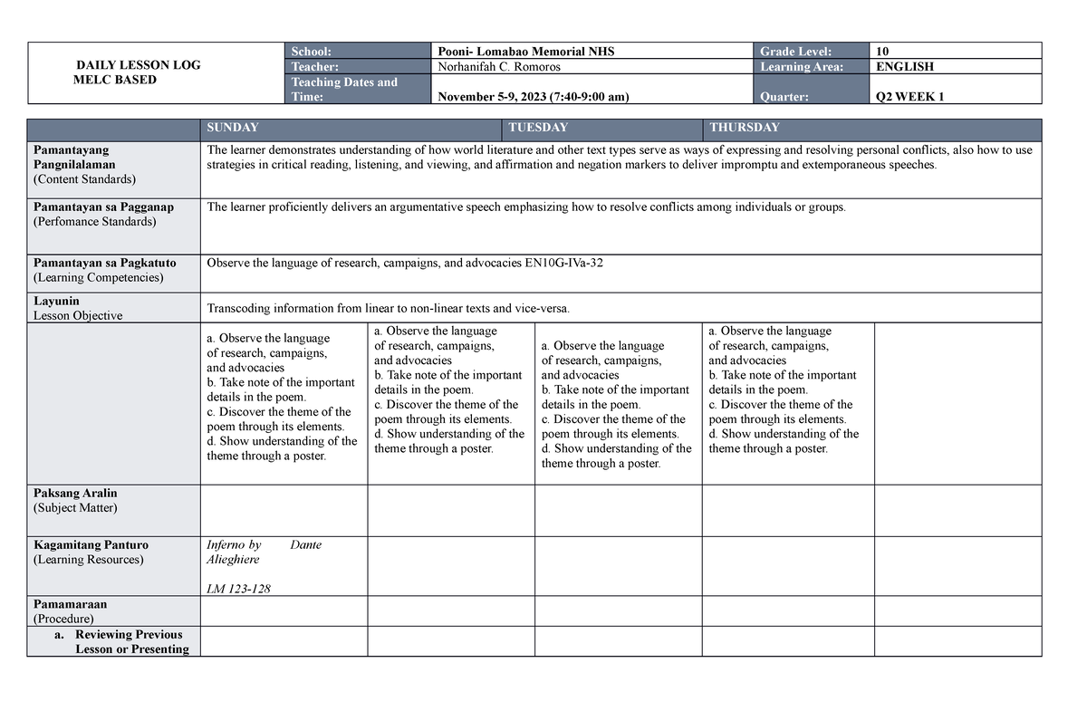 MELC DLL ENG 10 WEEK 1 Q2 DONE - DAILY LESSON LOG MELC BASED School ...