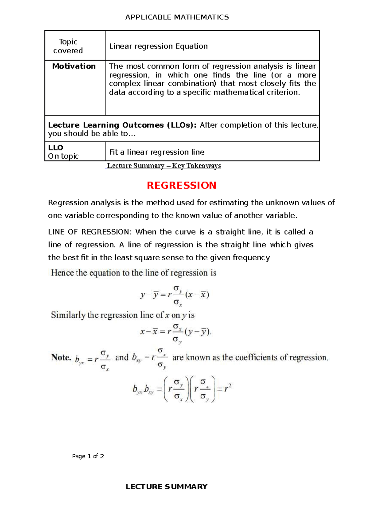 Linear regression Equation - APPLICABLE MATHEMATICS Topic covered ...