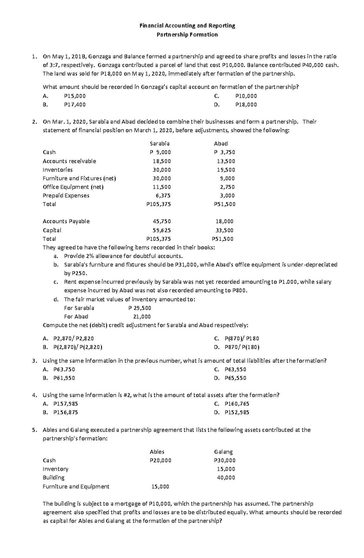 Partnership Formation Practice Set - Accounting - UC - Studocu