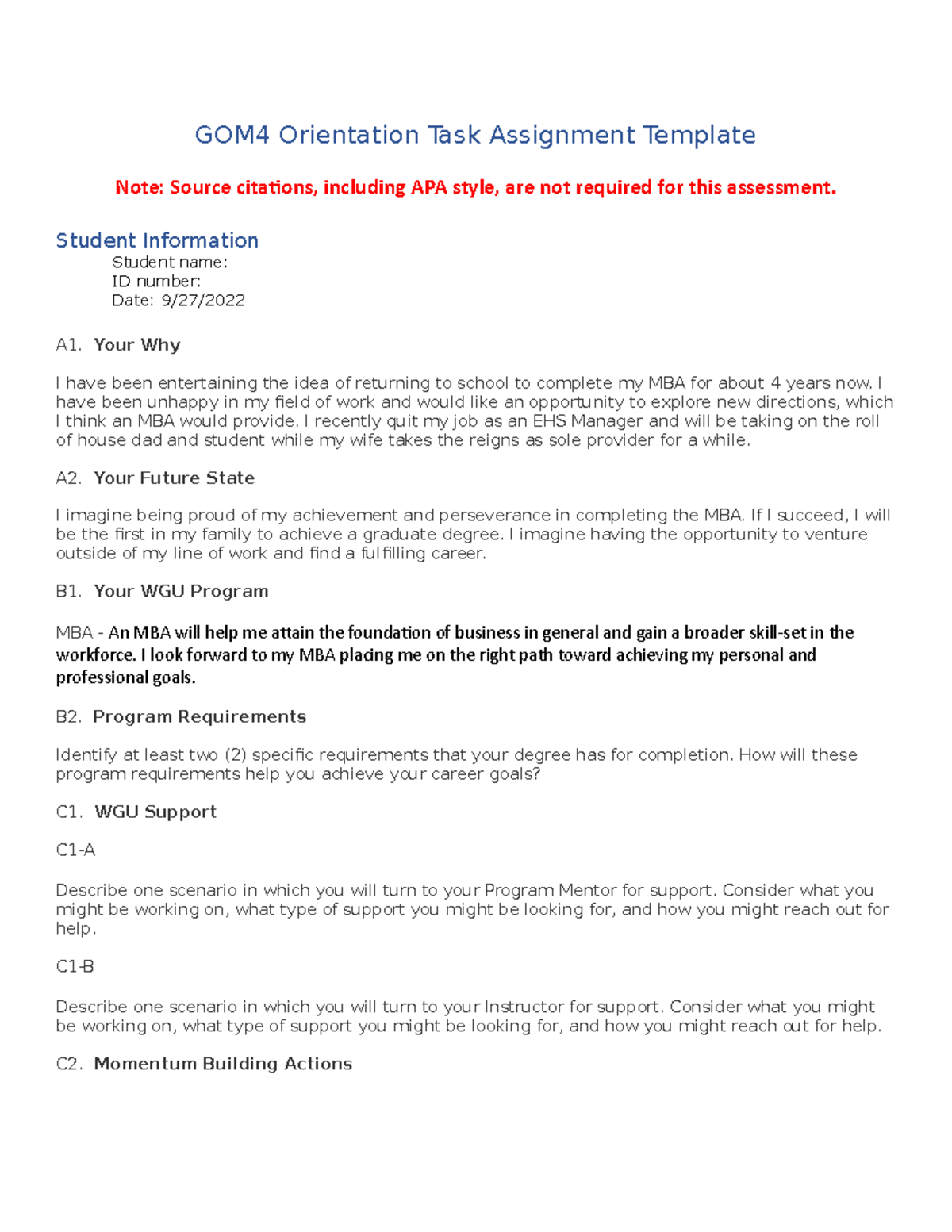 Student Orientation Task - GOM4 Orientation Task Assignment Template ...