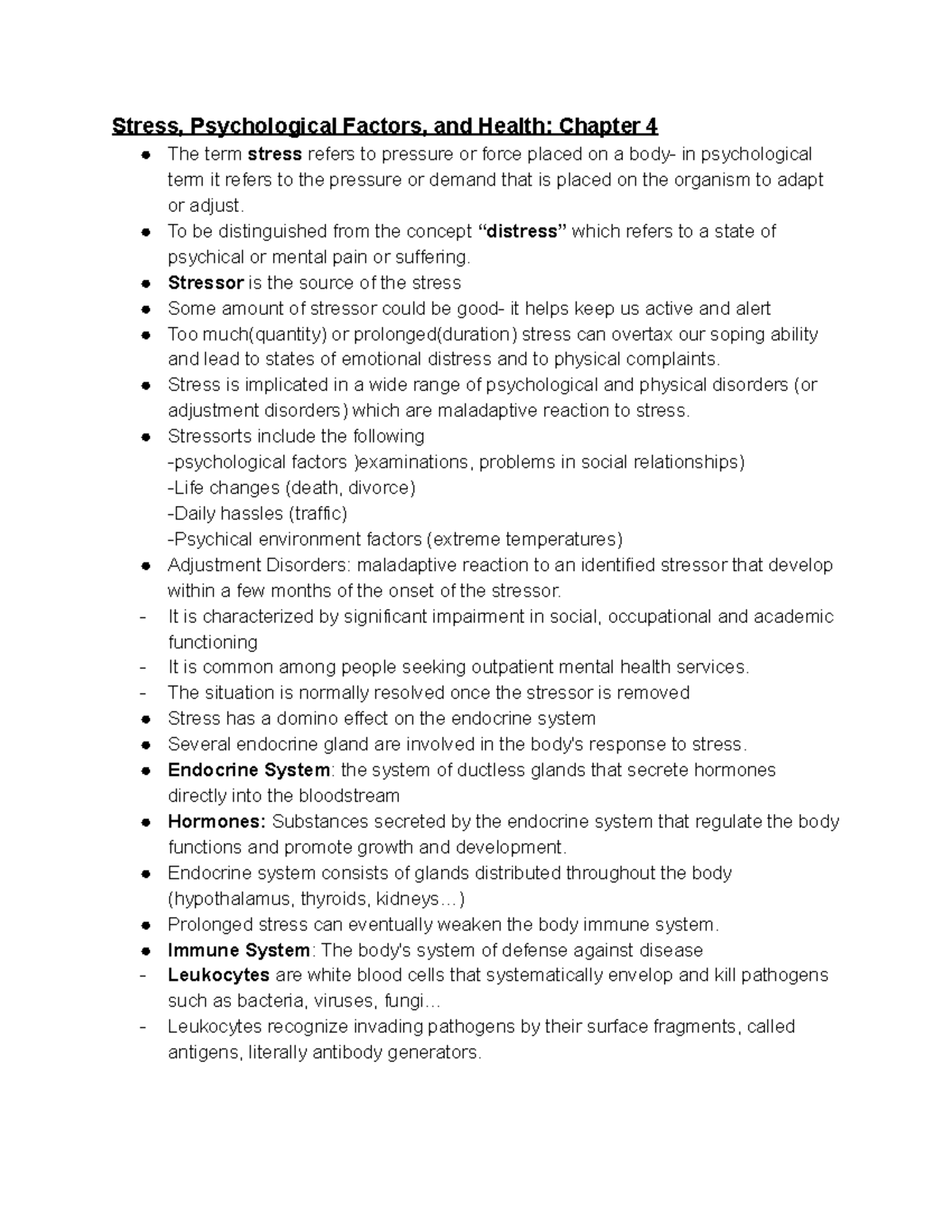 Abnormal Psych Exam 2 Stress, Psychological Factors, and Health