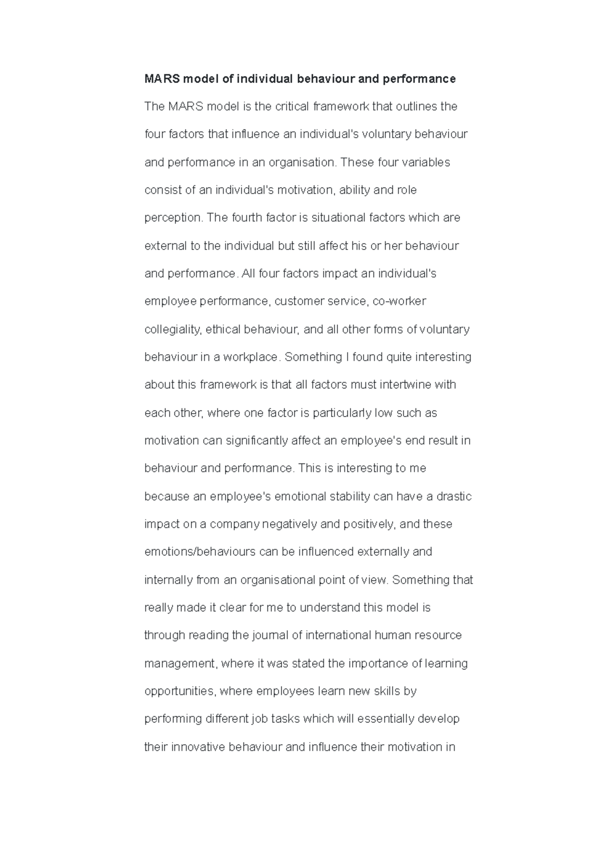 MGMT1011 Reflection - MARS model of individual behaviour and ...