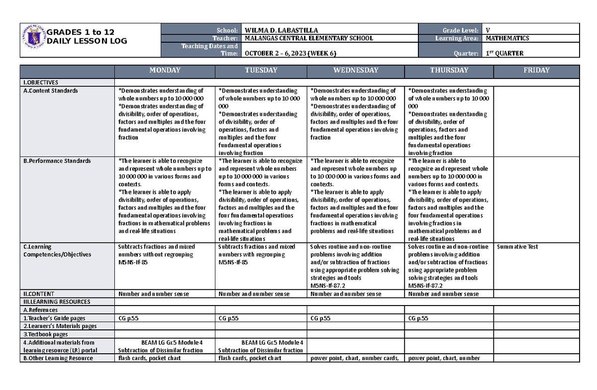 DLL Mathematics 5 Q1 W6 - qwertyuiop - GRADES 1 to 12 DAILY LESSON LOG ...