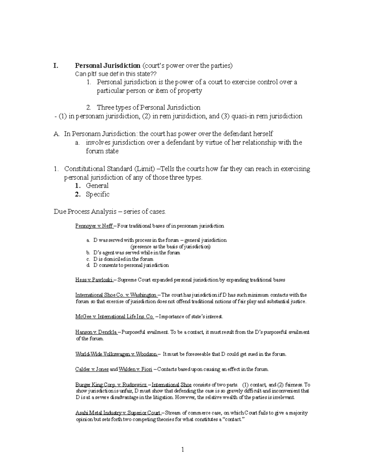 Civ Pro I And II Freer Based Outline - I. Personal Jurisdiction (court ...