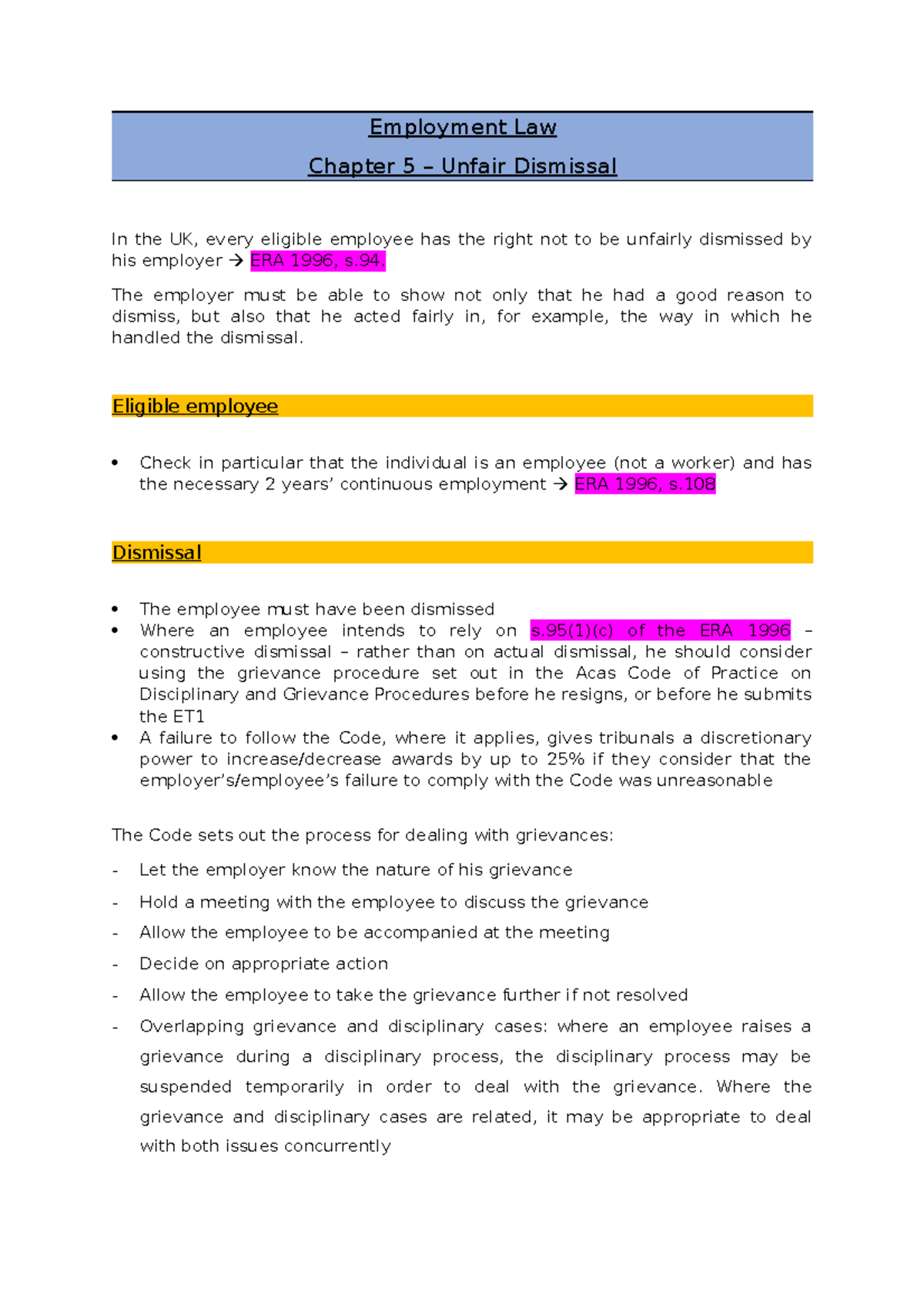 Unfair Dismissal - LPC, Employment Law - Employment Law Chapter 5 ...