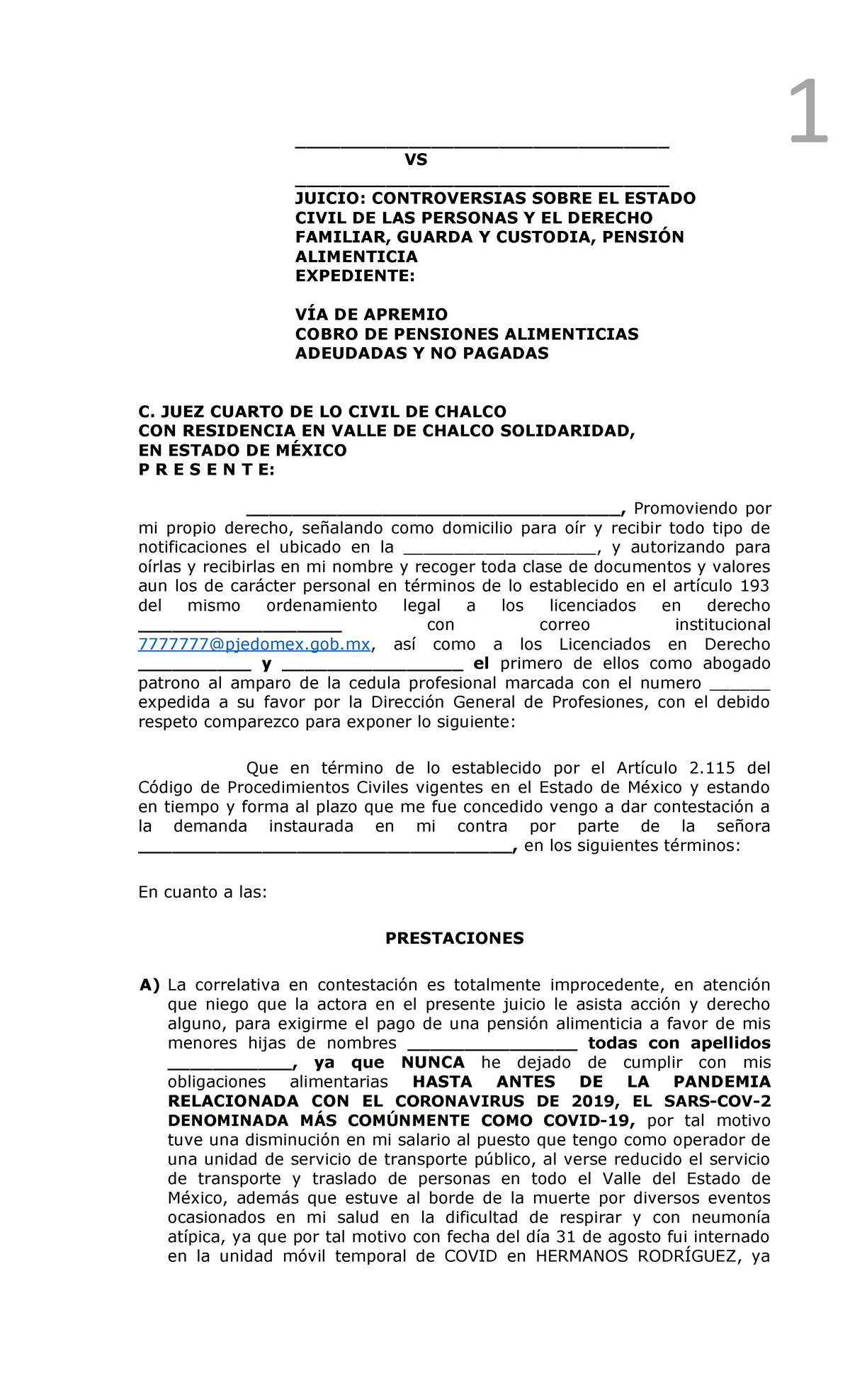 Contestación A Incidente DE Pensión Alimenticia Casos Covid - Derecho  Familiar - UNAM - Studocu