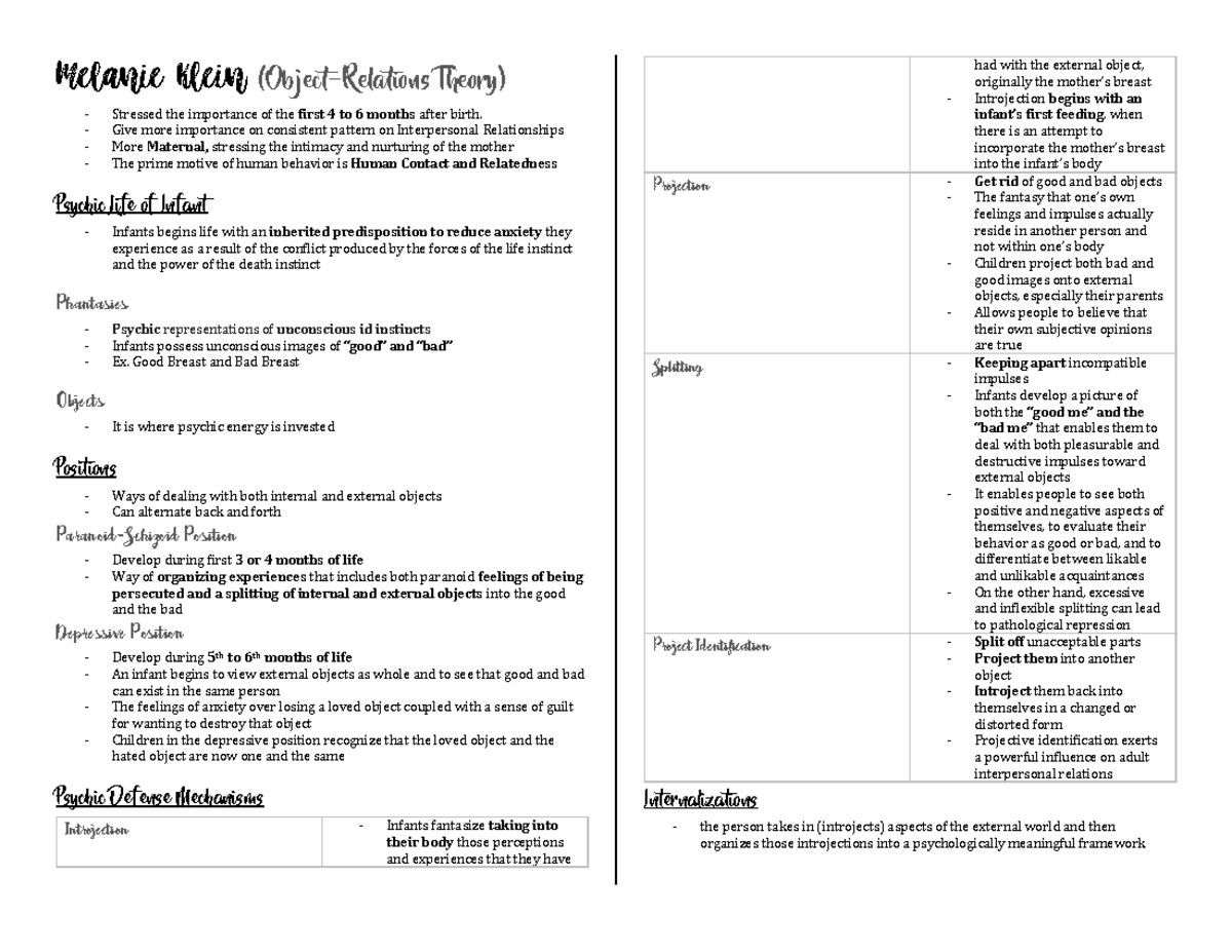 TOP d,ad, (ObjectRelations Theory) Stressed the importance of the