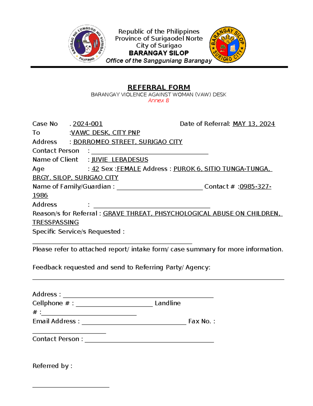 527364386 VAW FORM Annex B Referral FORM - Republic of the Philippines ...