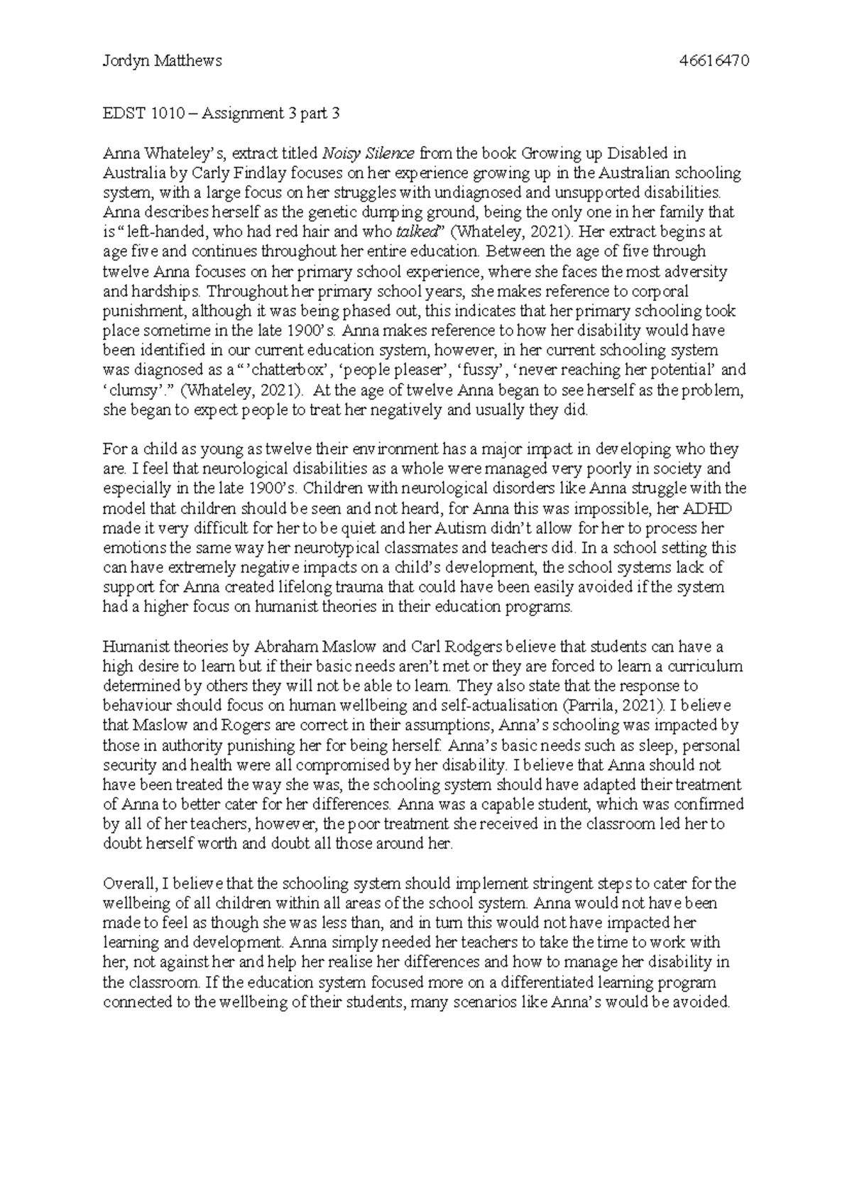 Assignment 3p3 - Assessment - Jordyn Matthews 46616470 EDST 1010 ...