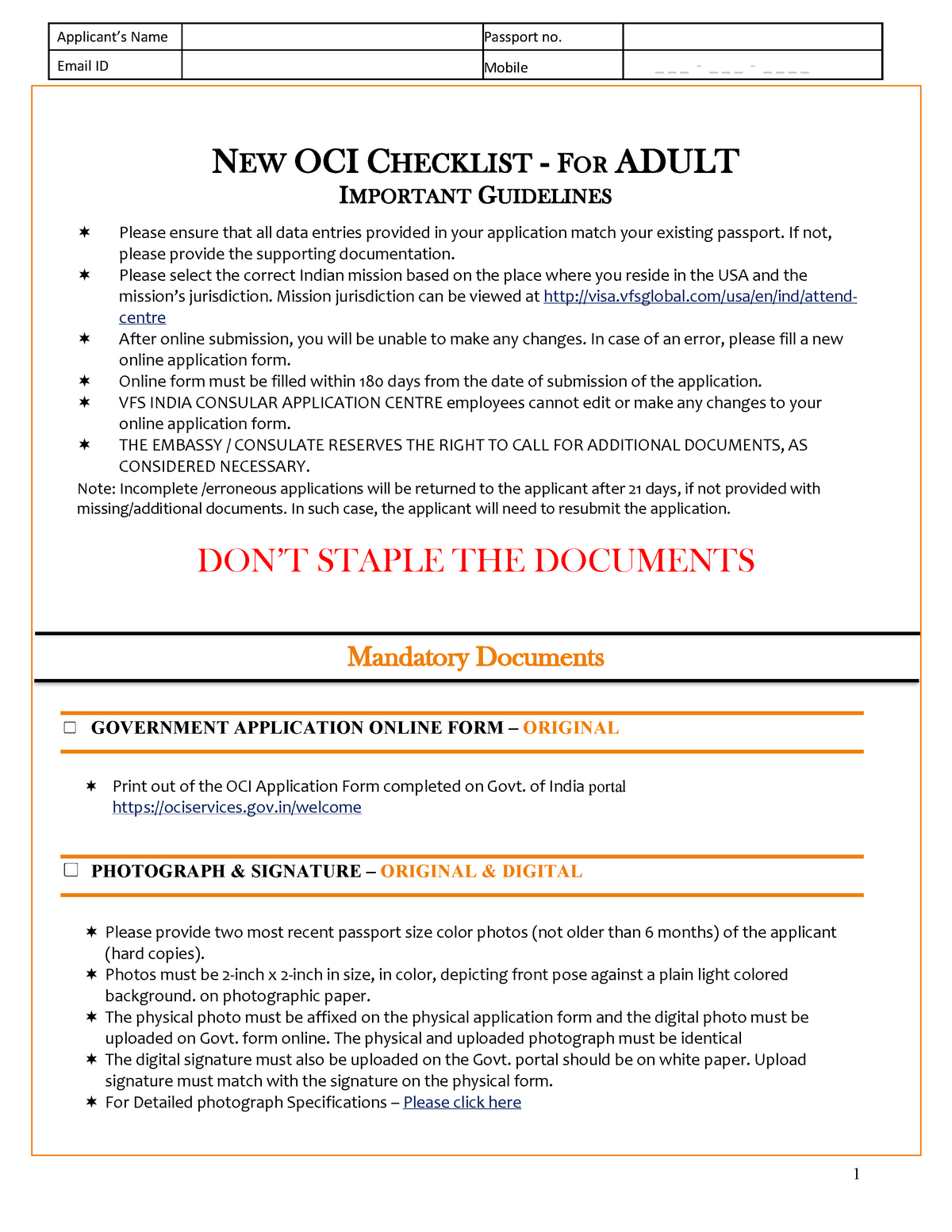 Oci Checklist Email Id Mobile New Oci Checklist For Adult Important 2960