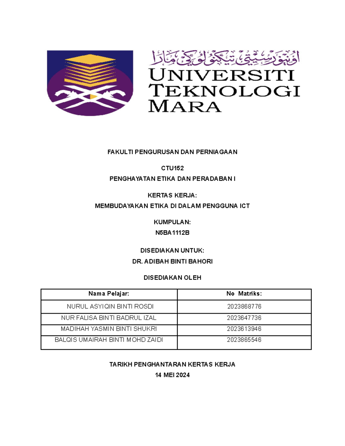 CTU152 Assignment - FAKULTI PENGURUSAN DAN PERNIAGAAN CTU PENGHAYATAN ...