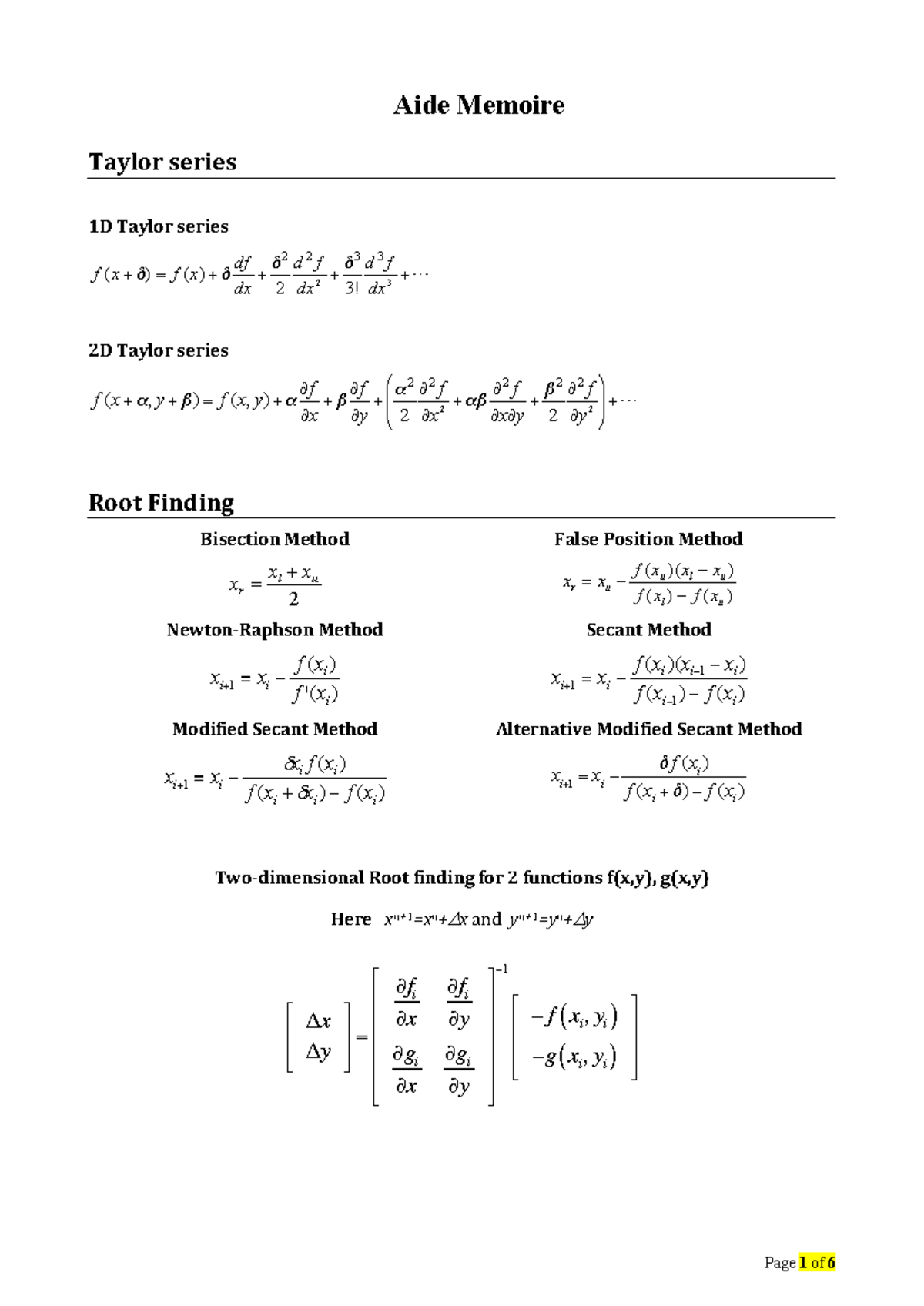 Aide Memoire - Aide Memoire Taylor series 1D Taylor series 2D Taylor ...