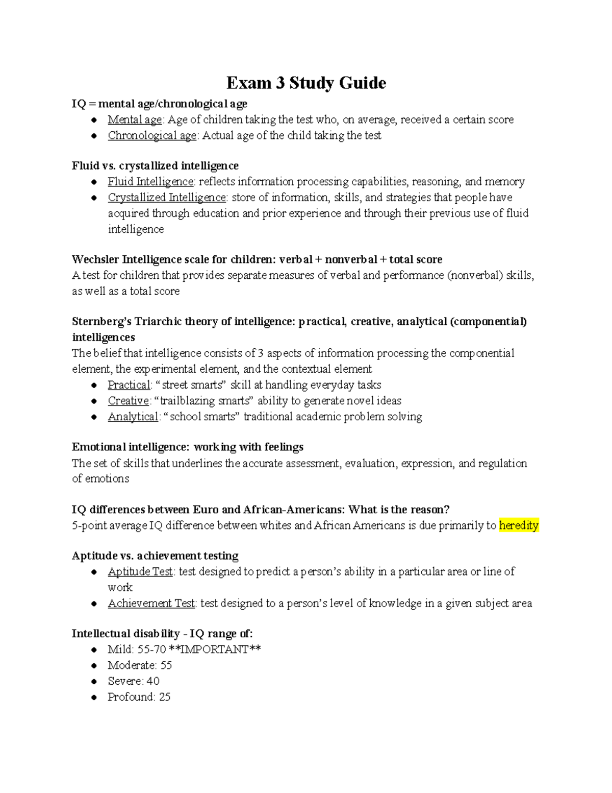 PSYC 160 Exam 3 Study Guide - Exam 3 Study Guide IQ mental age Mental ...