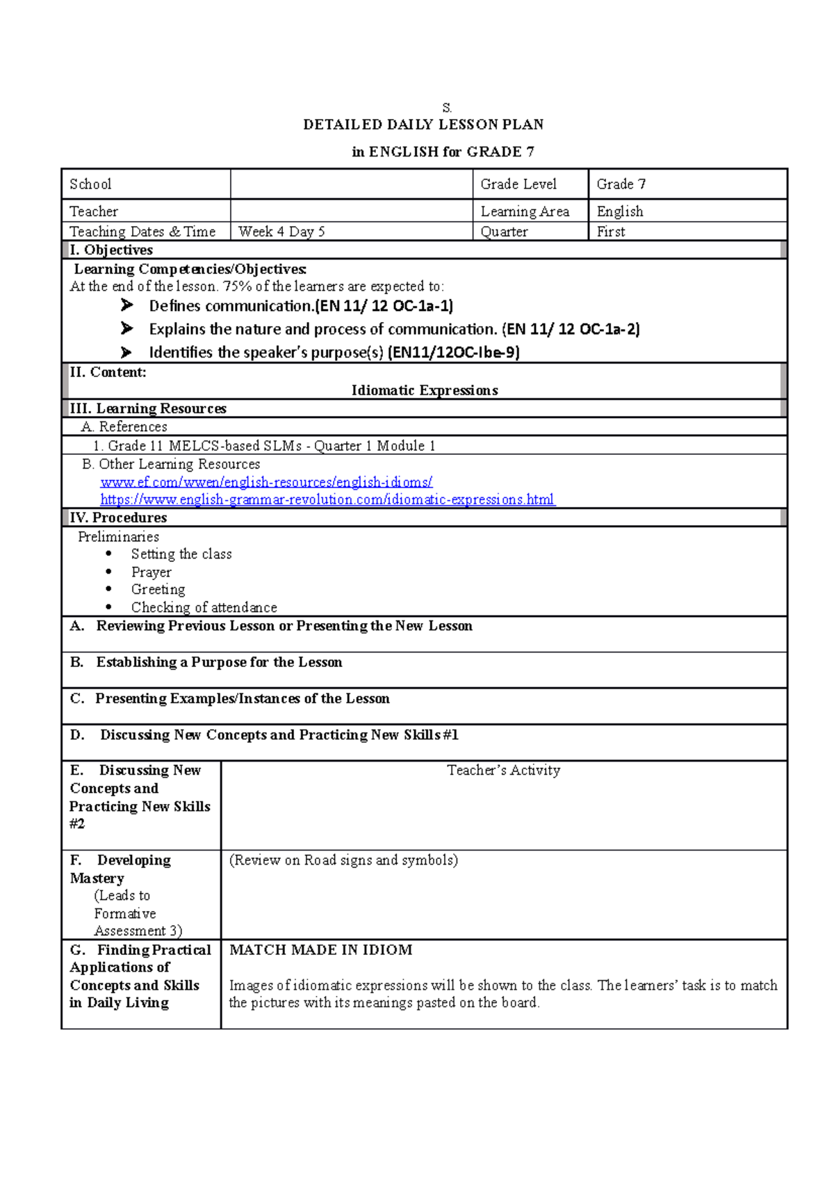 COT 1 Idioms - S. DETAILED DAILY LESSON PLAN In ENGLISH For GRADE 7 ...