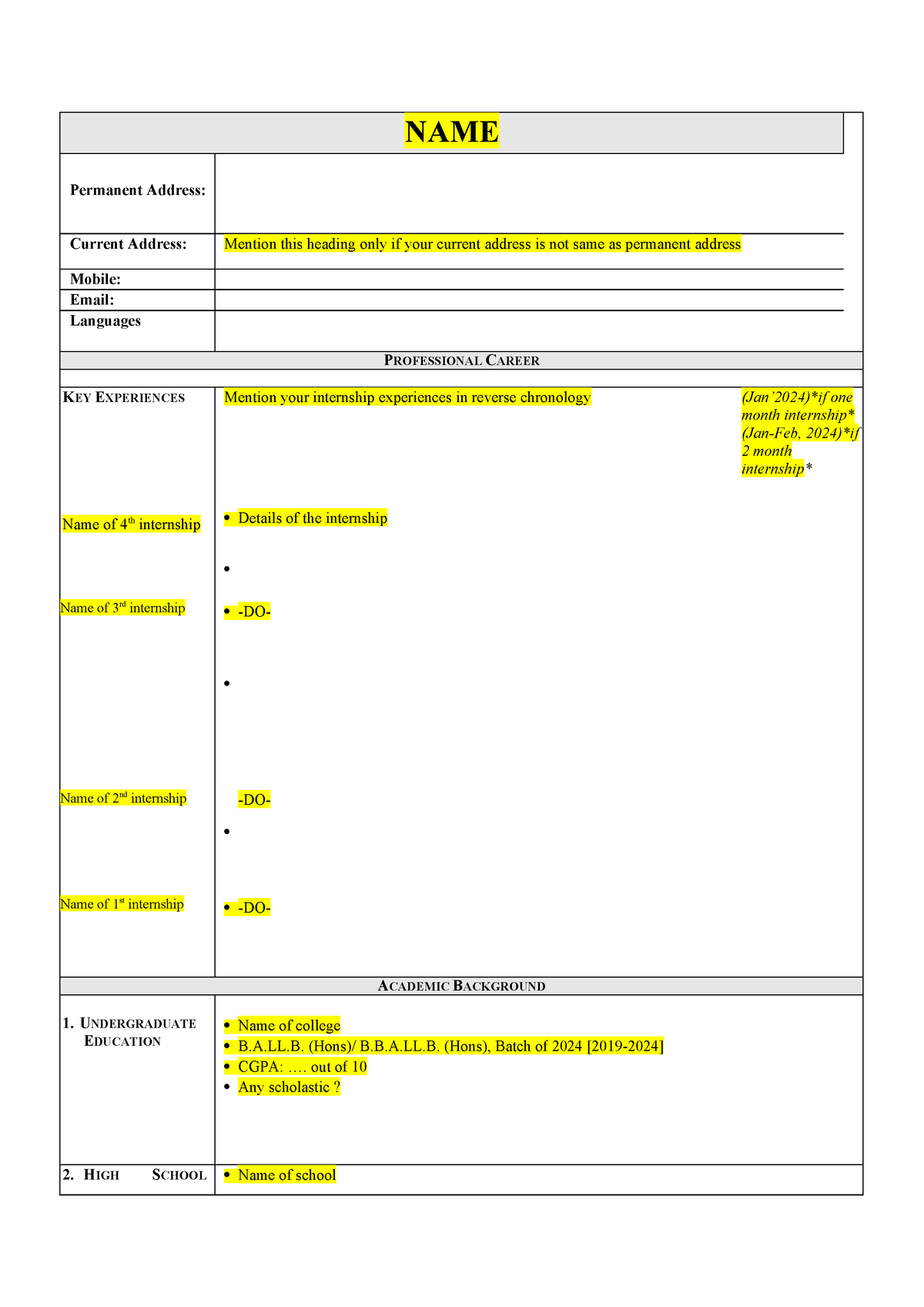 Sample CV - Want the notes - NAME Permanent Address: Current Address ...