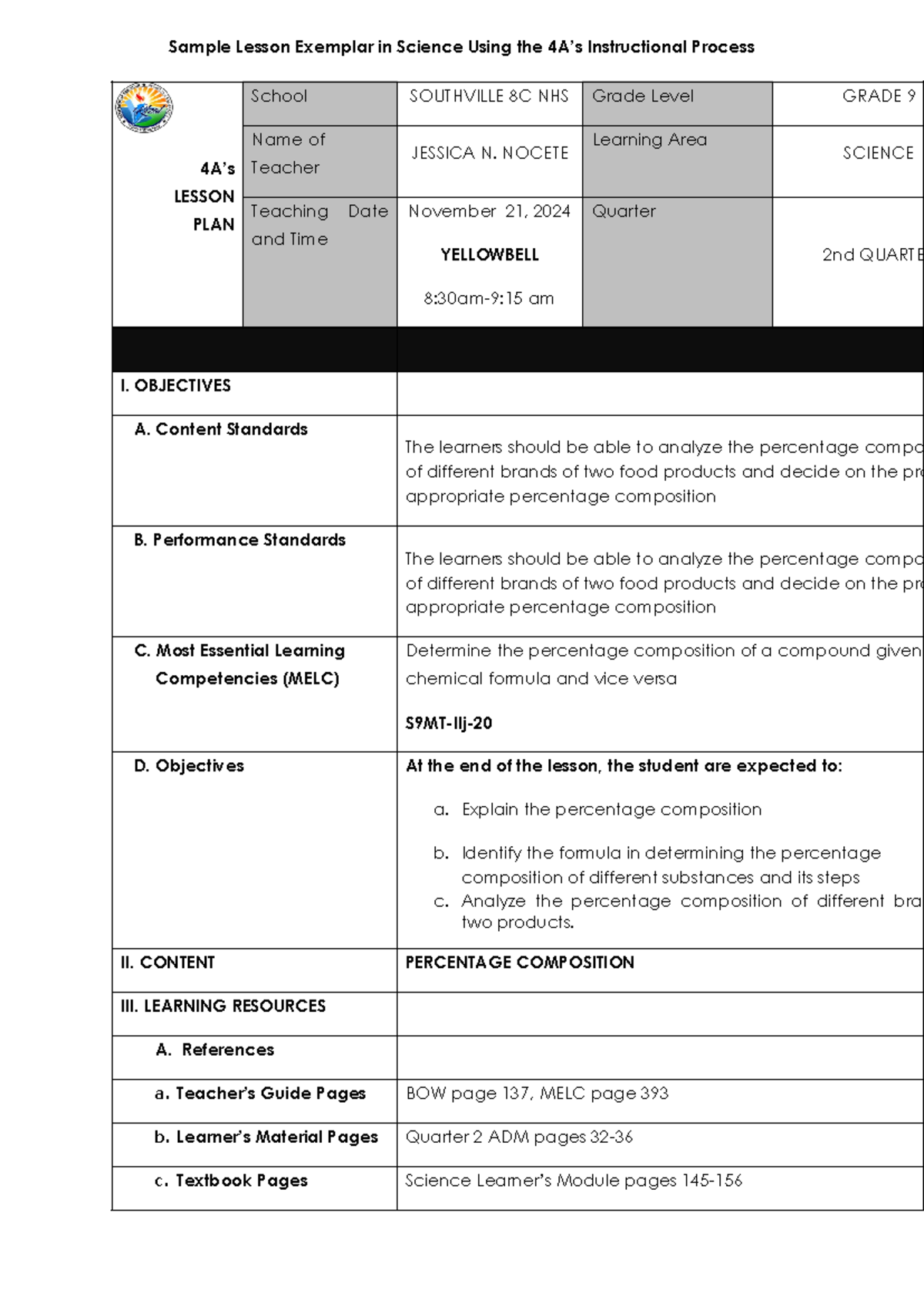 Finaldemo percentage composition - Sample Lesson Exemplar in Science ...