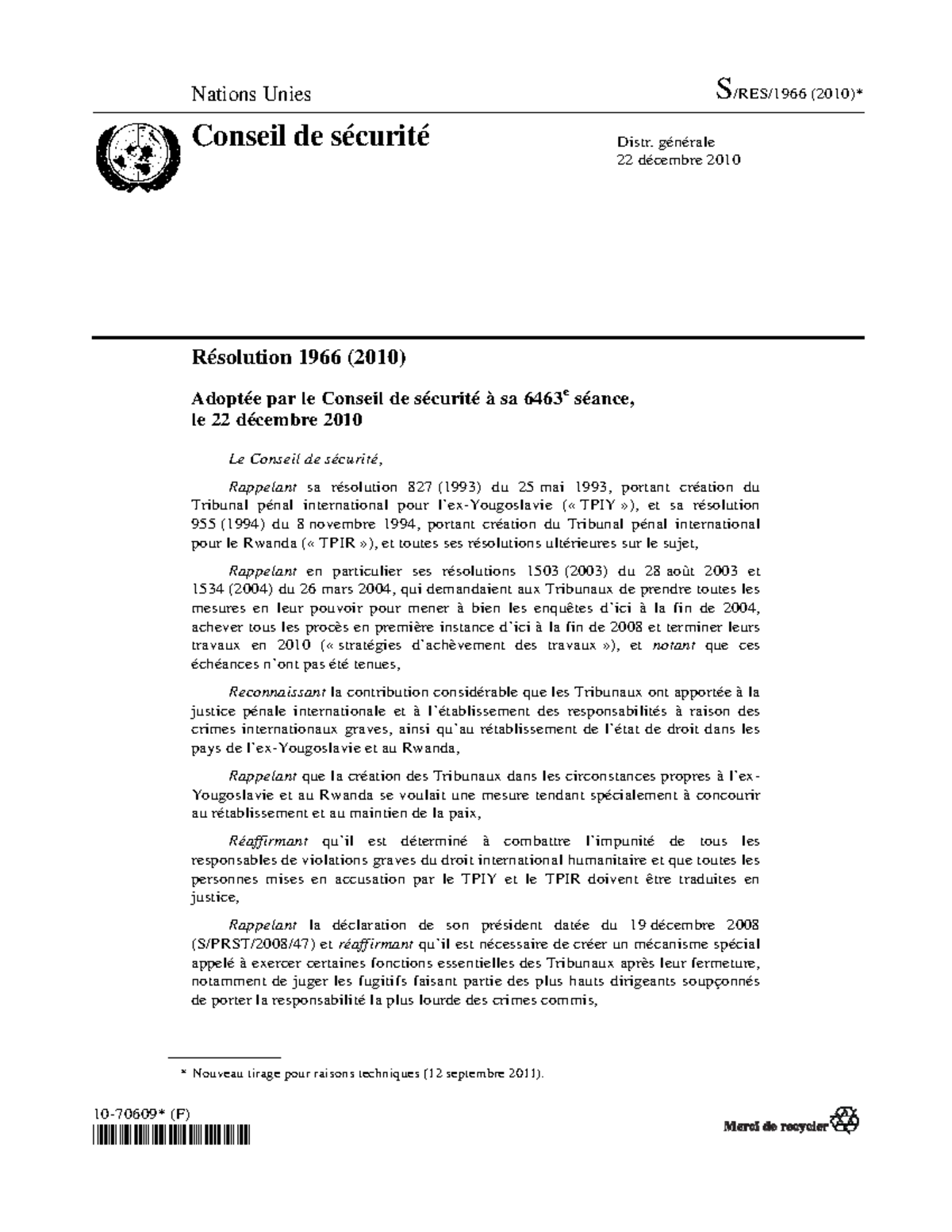 Résolution 1966 (2010 ) Mécanisme résiduel Nations Unies S/RES/1966
