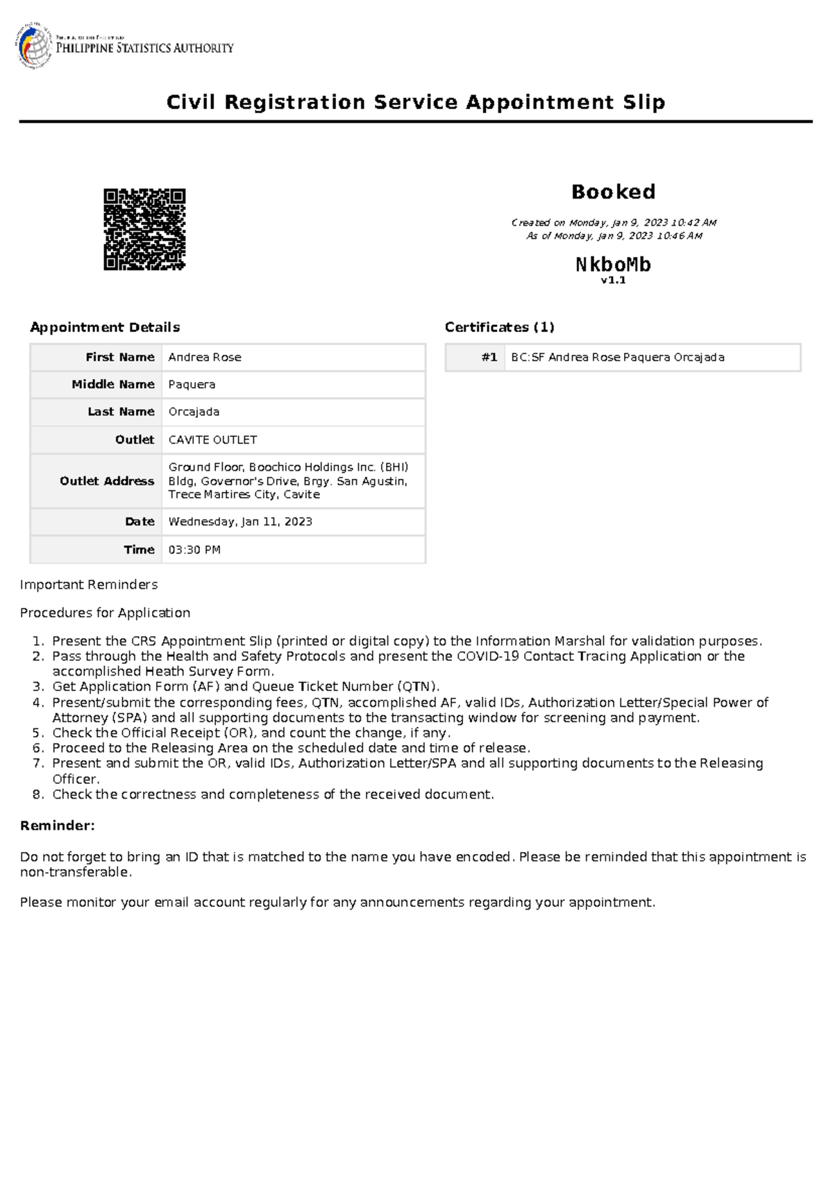 CRSSlip Civil Registration Service Appointment Slip Booked Created