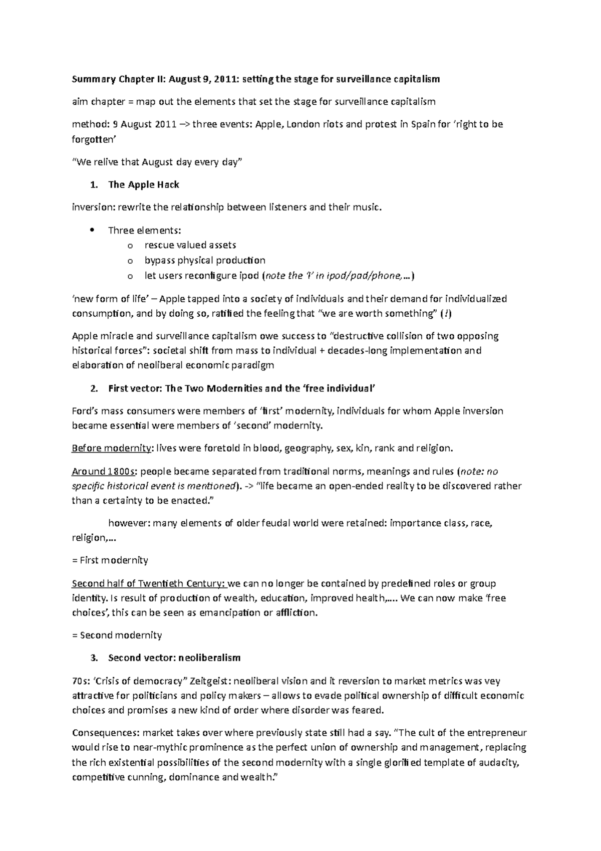 Zuboff Summary Chapter 2 - Summary Chapter II: August 9, 2011: setting