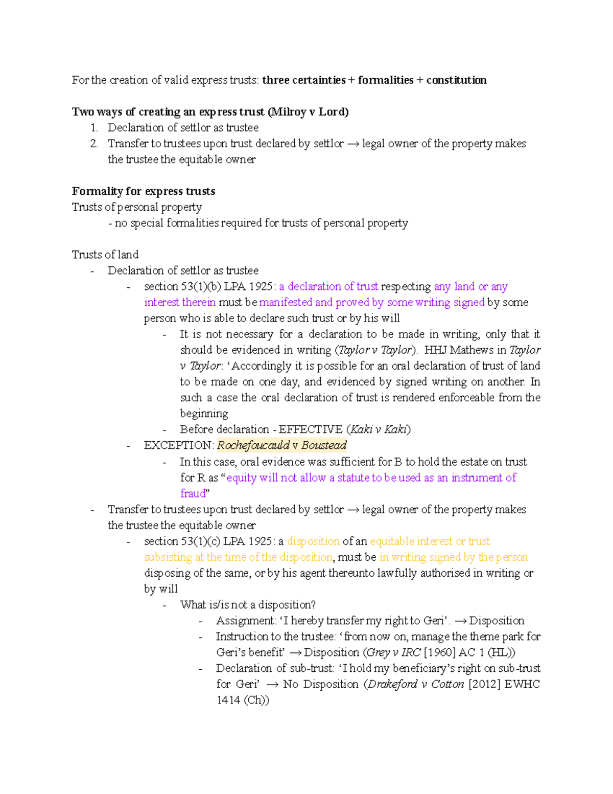 Formality AND Constitution Notes - For the creation of valid express ...